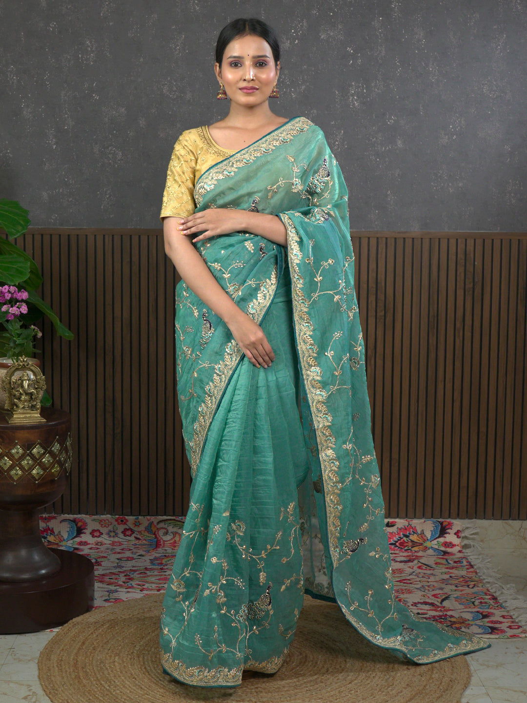 Gota Sea-Green Embroidered Saree
