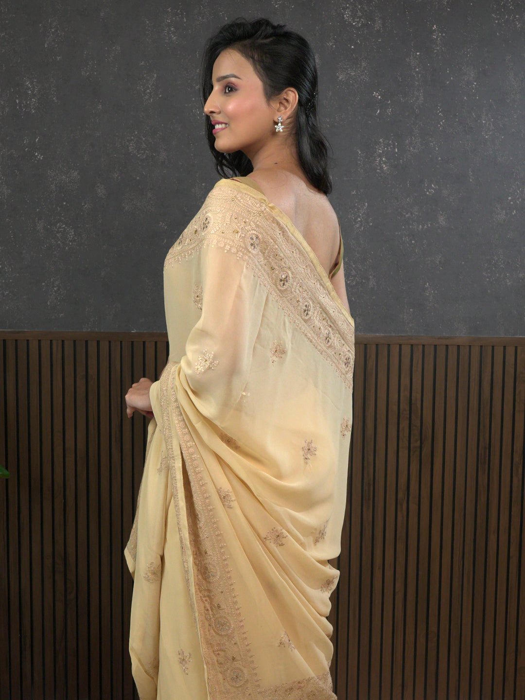 Nazakat Beige Karachi Work Saree