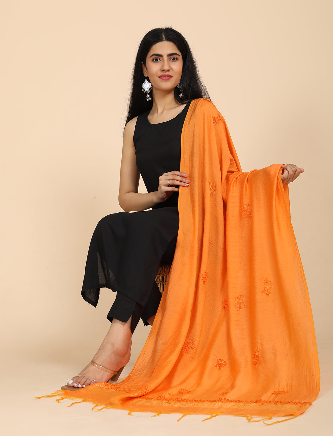 Noor Orange Chikankari Dupatta