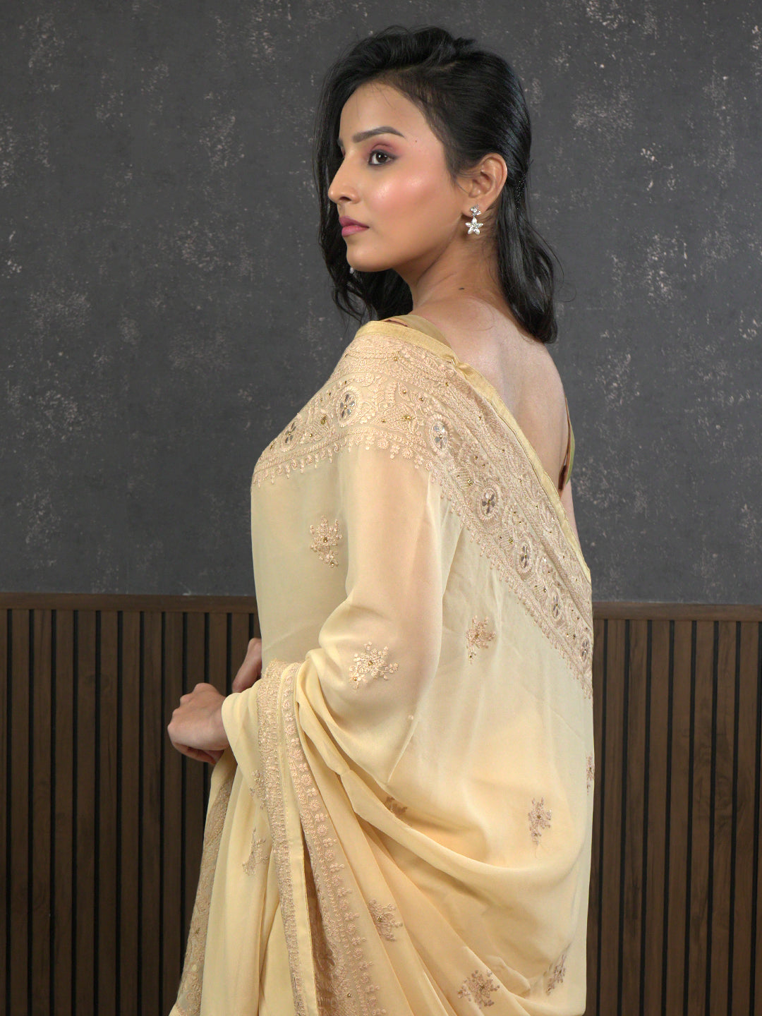 Nazakat Beige Karachi Work Saree