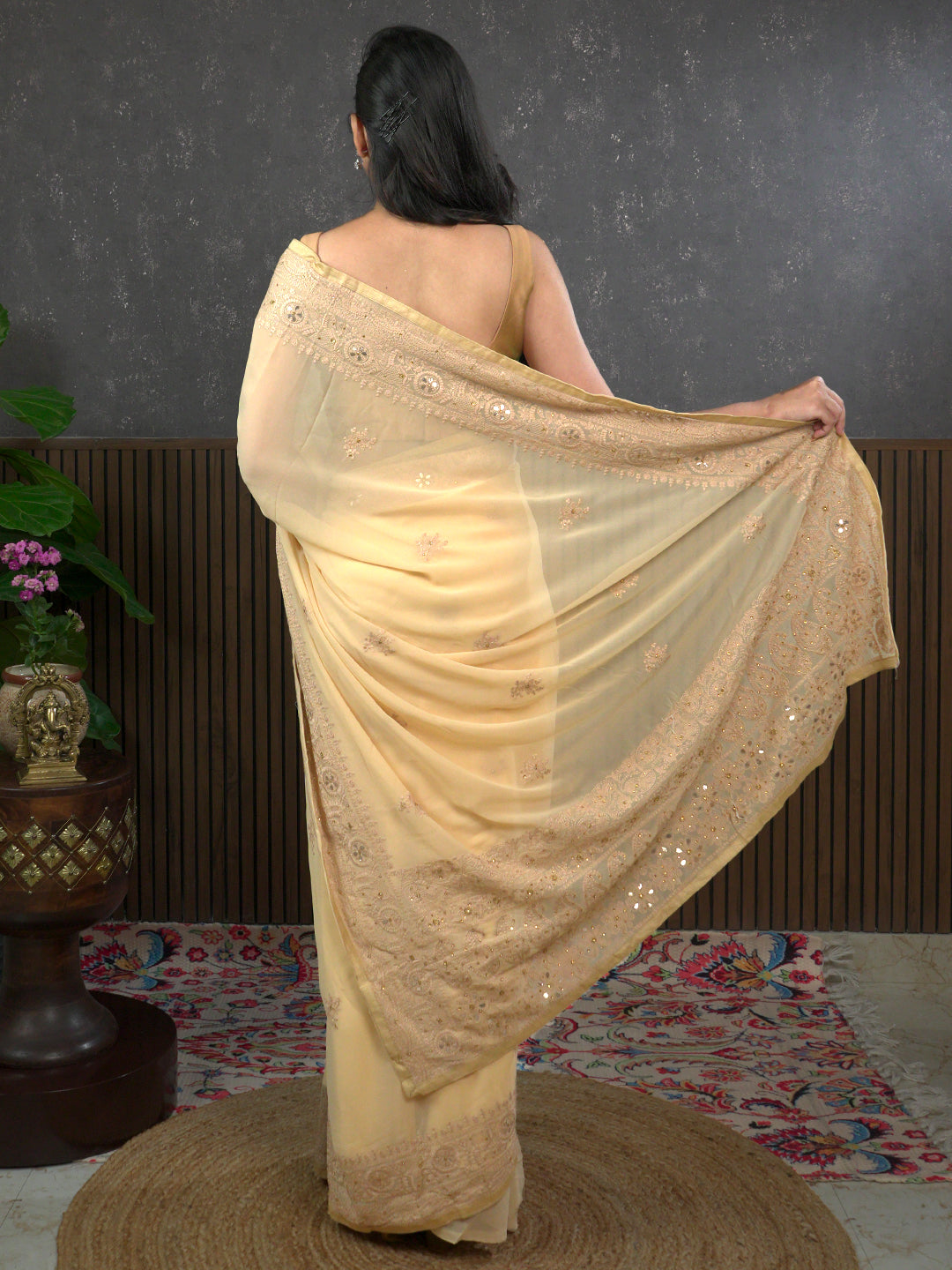 Nazakat Beige Karachi Work Saree