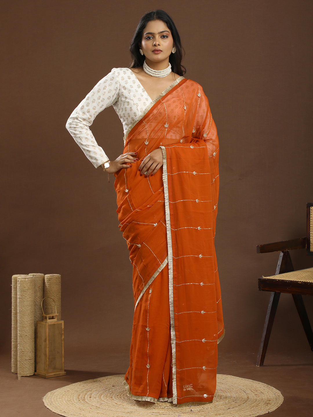 Swarnika Orange Gota Patti Saree