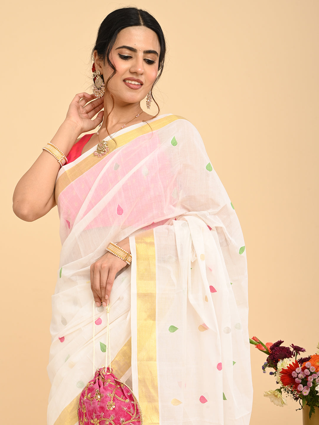 Popat White Venkatagiri Saree