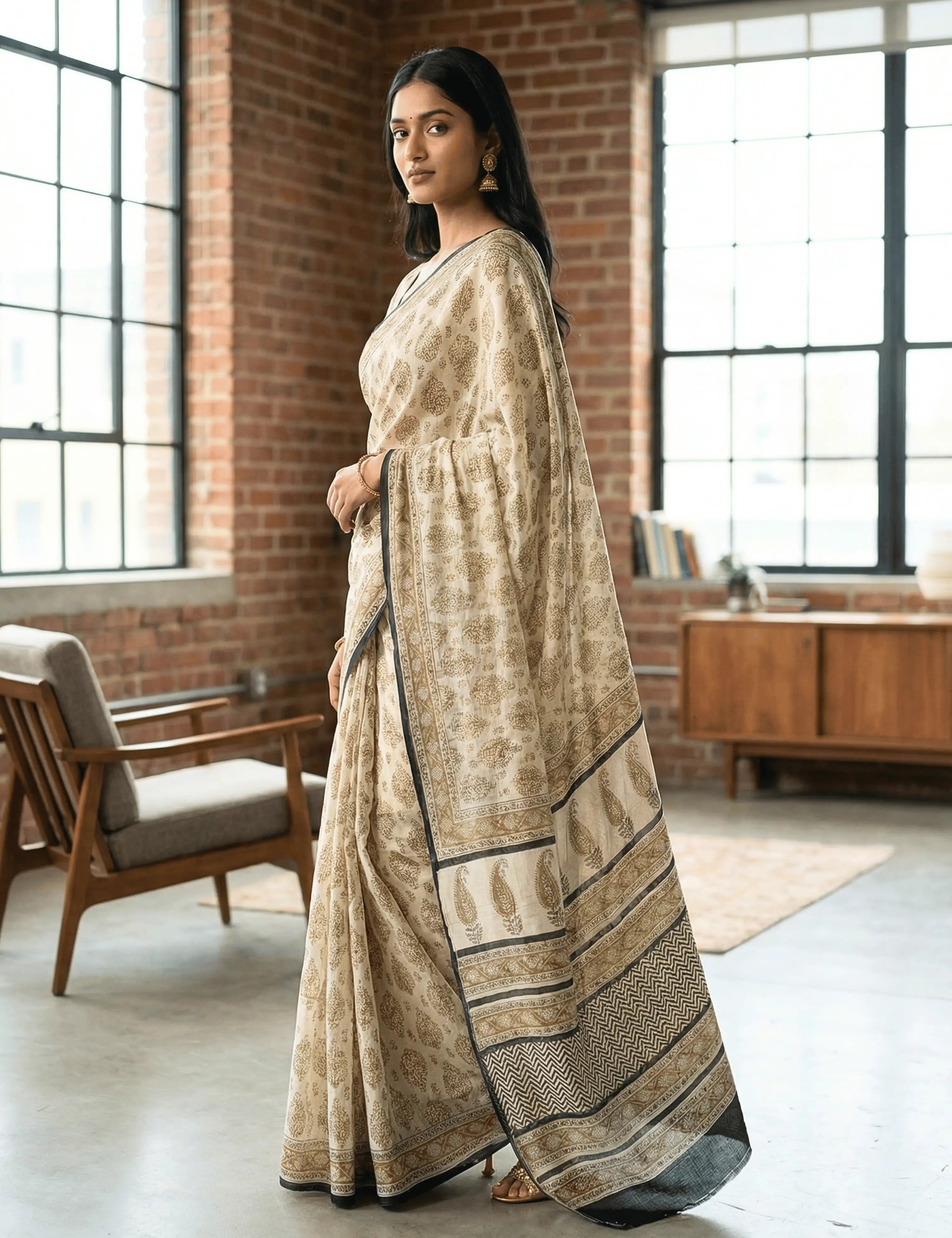 Indus Khaki Bagru Saree