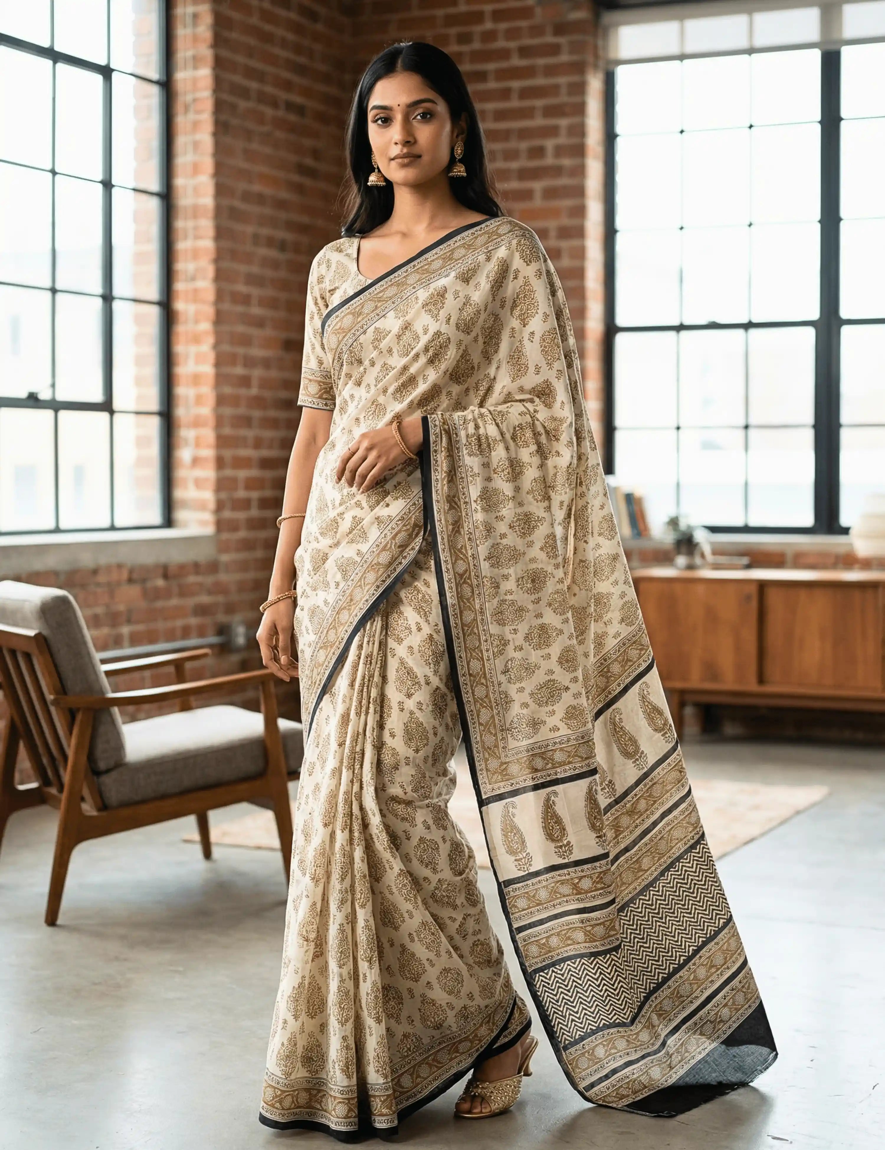 Indus Khaki Bagru Saree