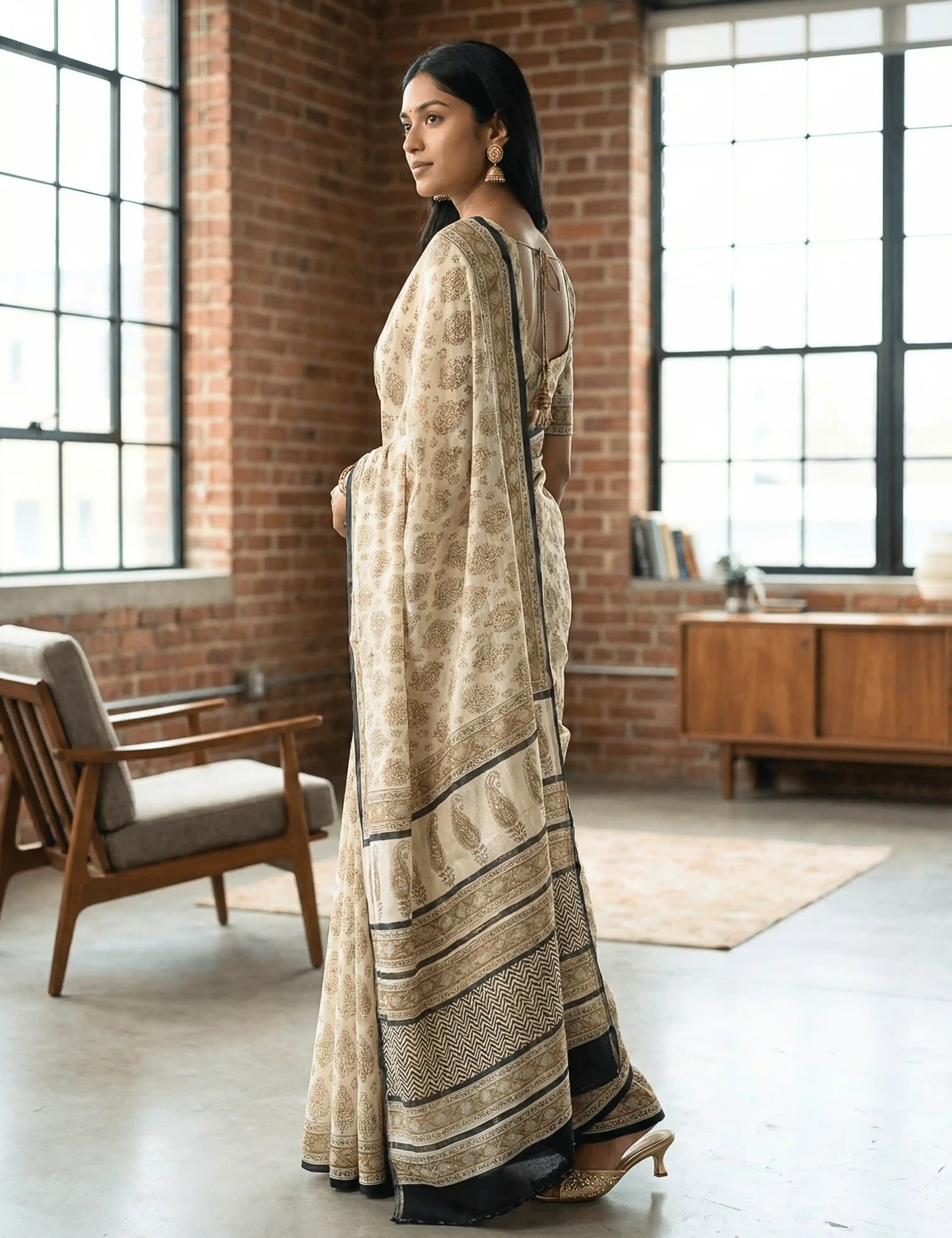 Indus Khaki Bagru Saree