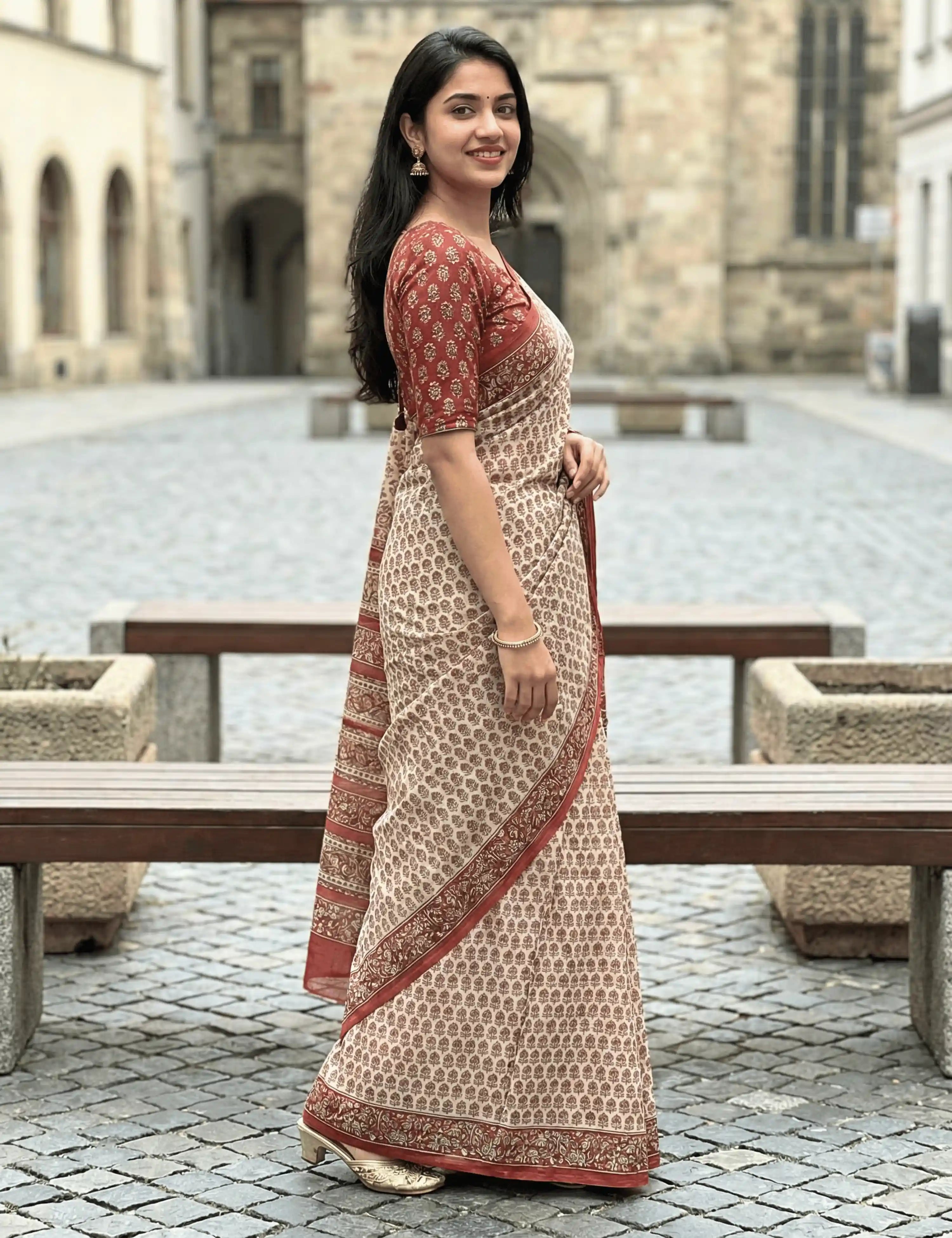 Indus Beige Bagru Saree