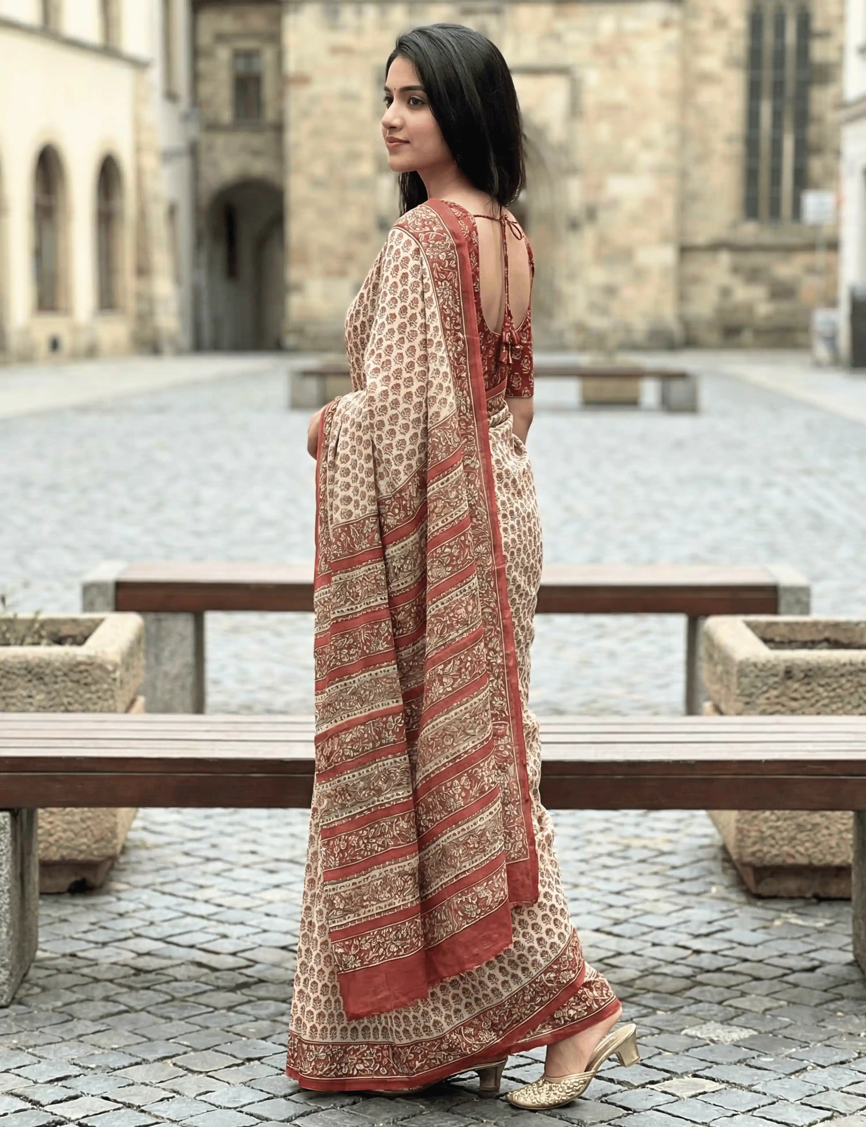 Indus Beige Bagru Saree