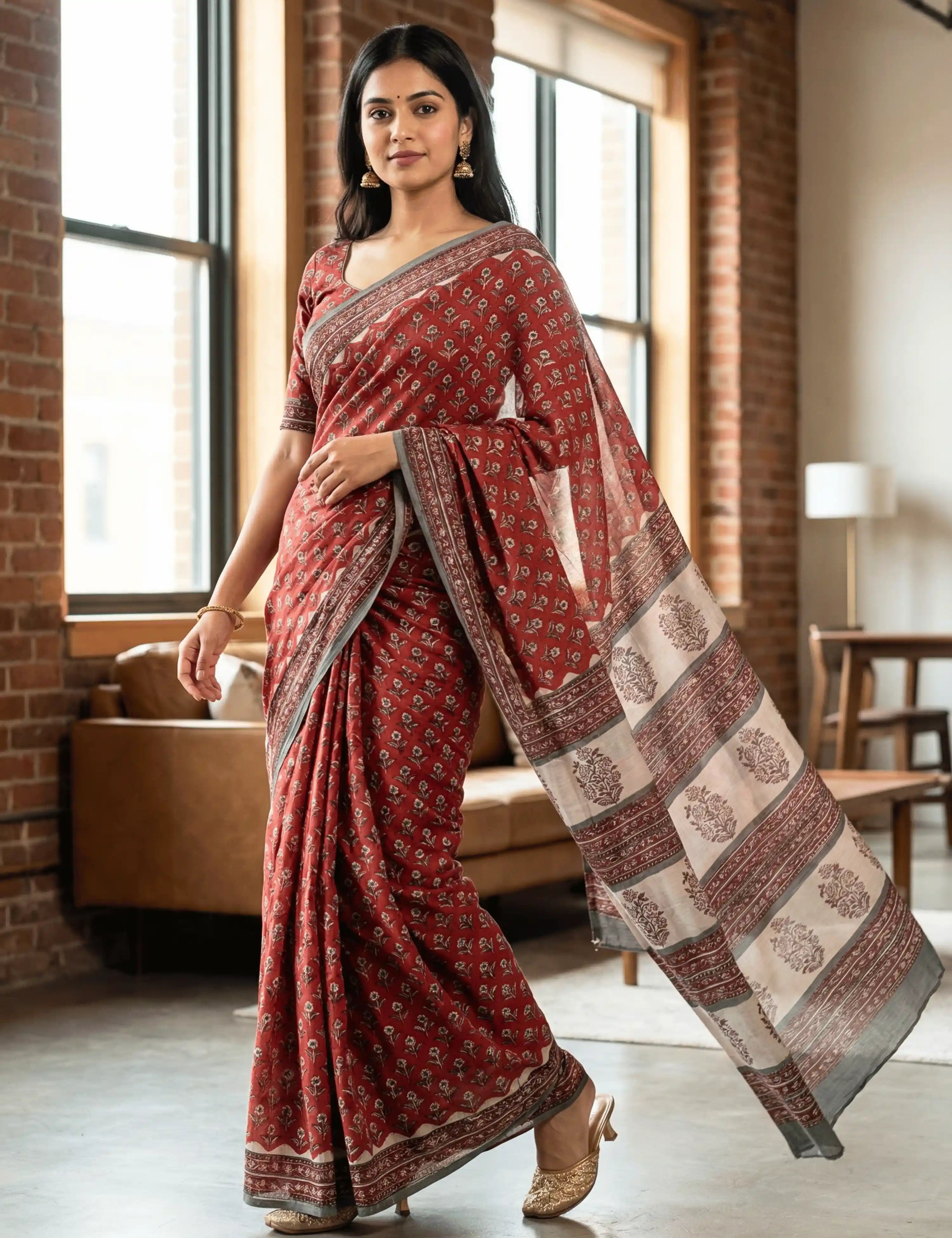 Indus Red Bagru Saree