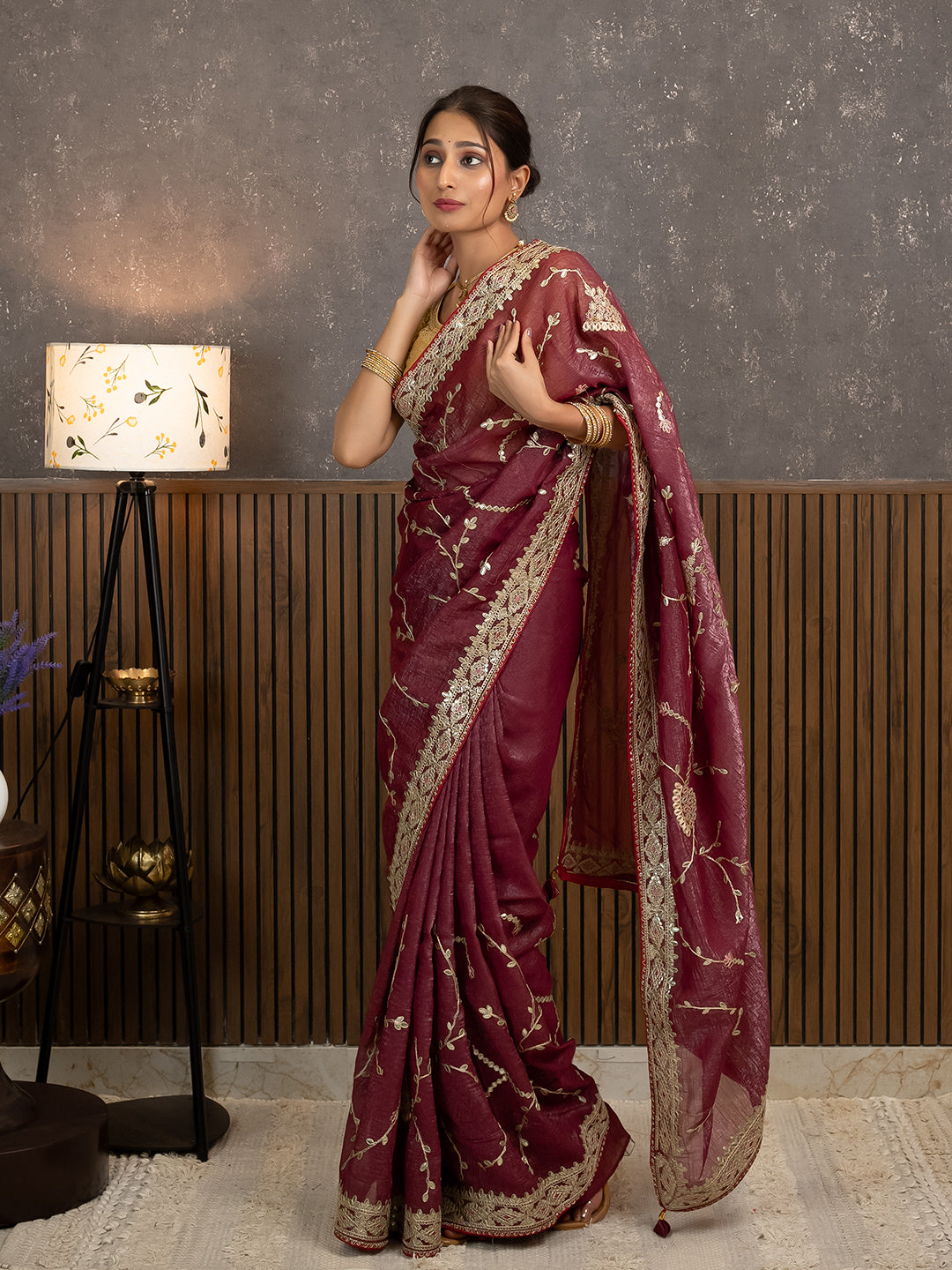 Gota Maroon Embroidered Saree