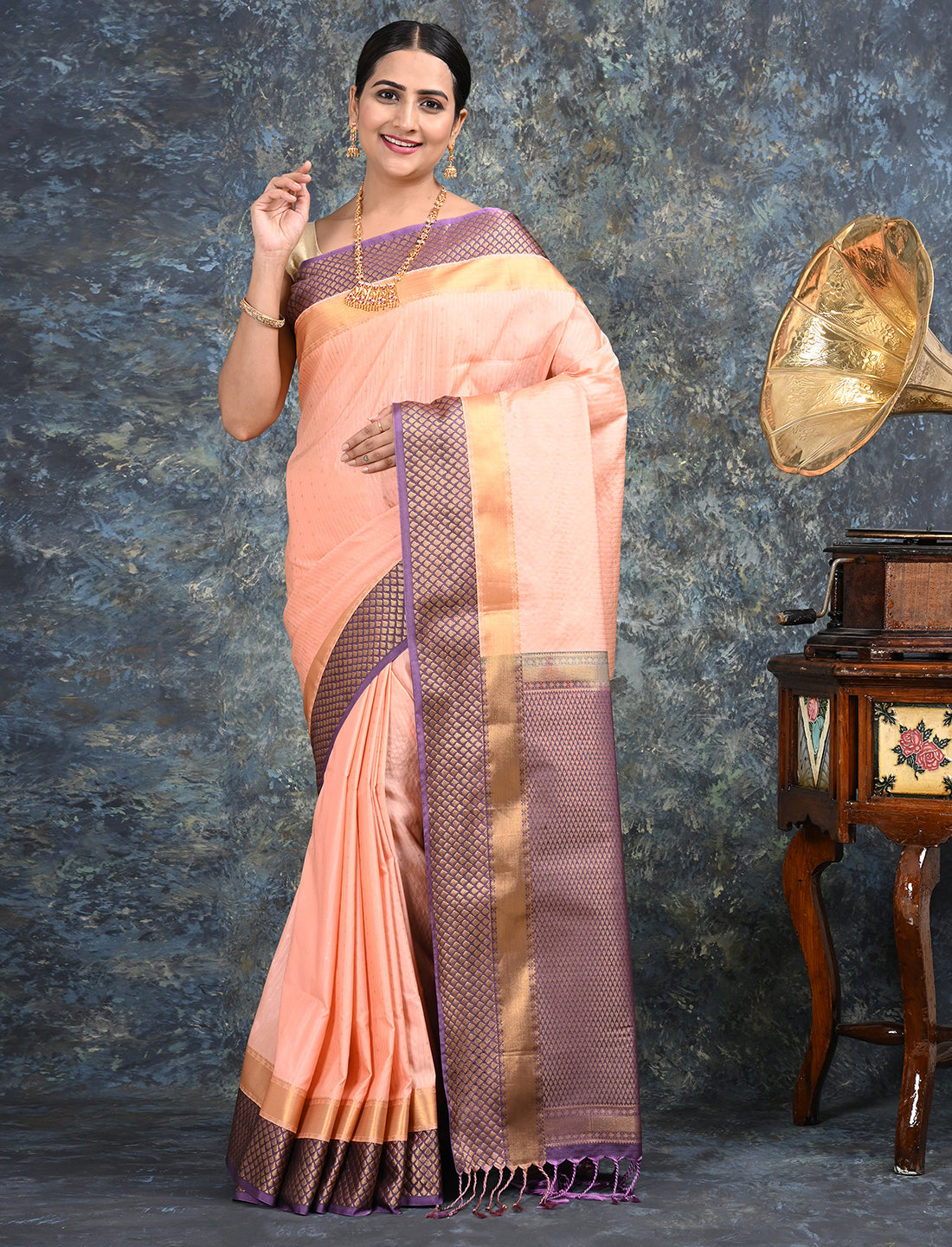 Sampada Peach Soft Semi Silk Saree