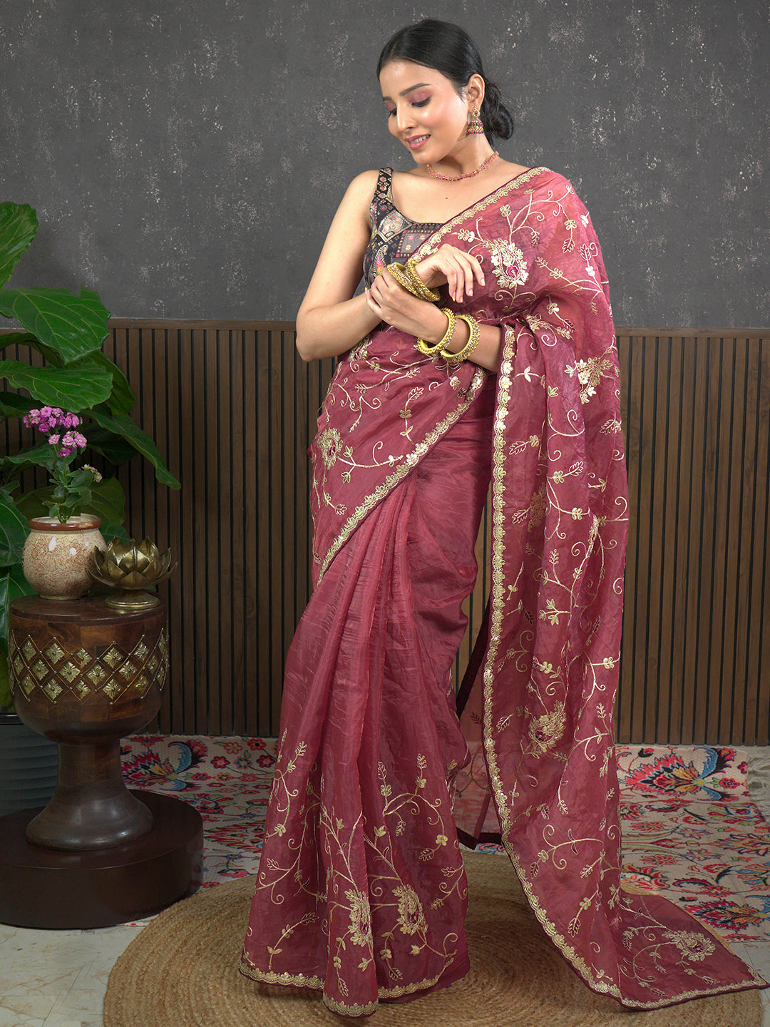 Gota Maroon Embroidered Saree