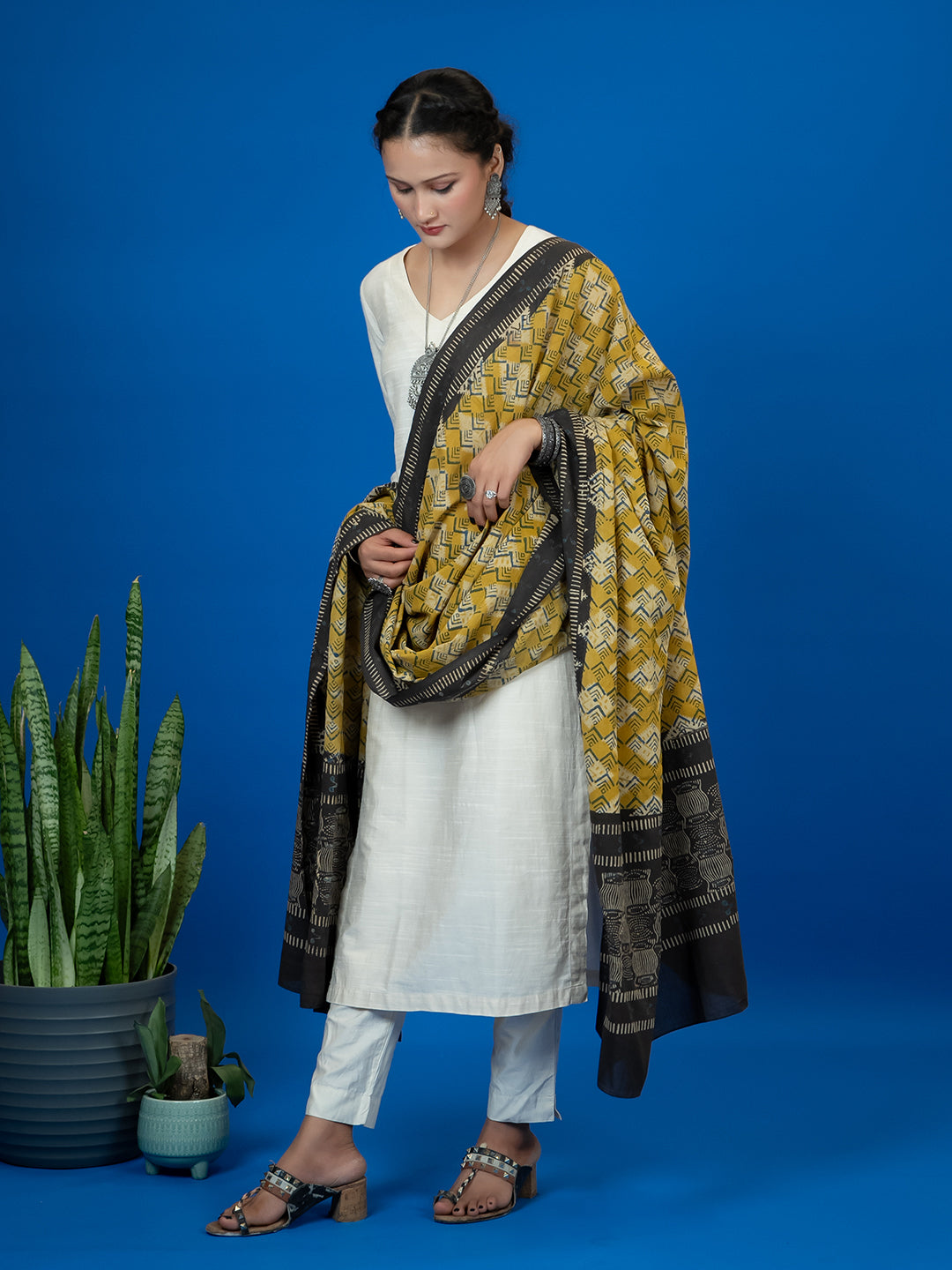 Kapas Mustard Ajrakh Dupatta