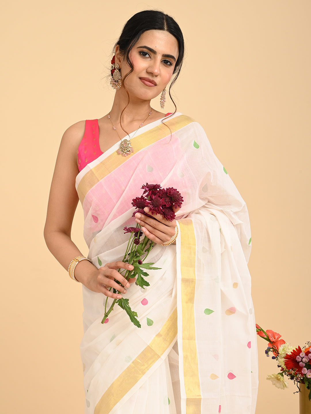 Popat White Venkatagiri Saree