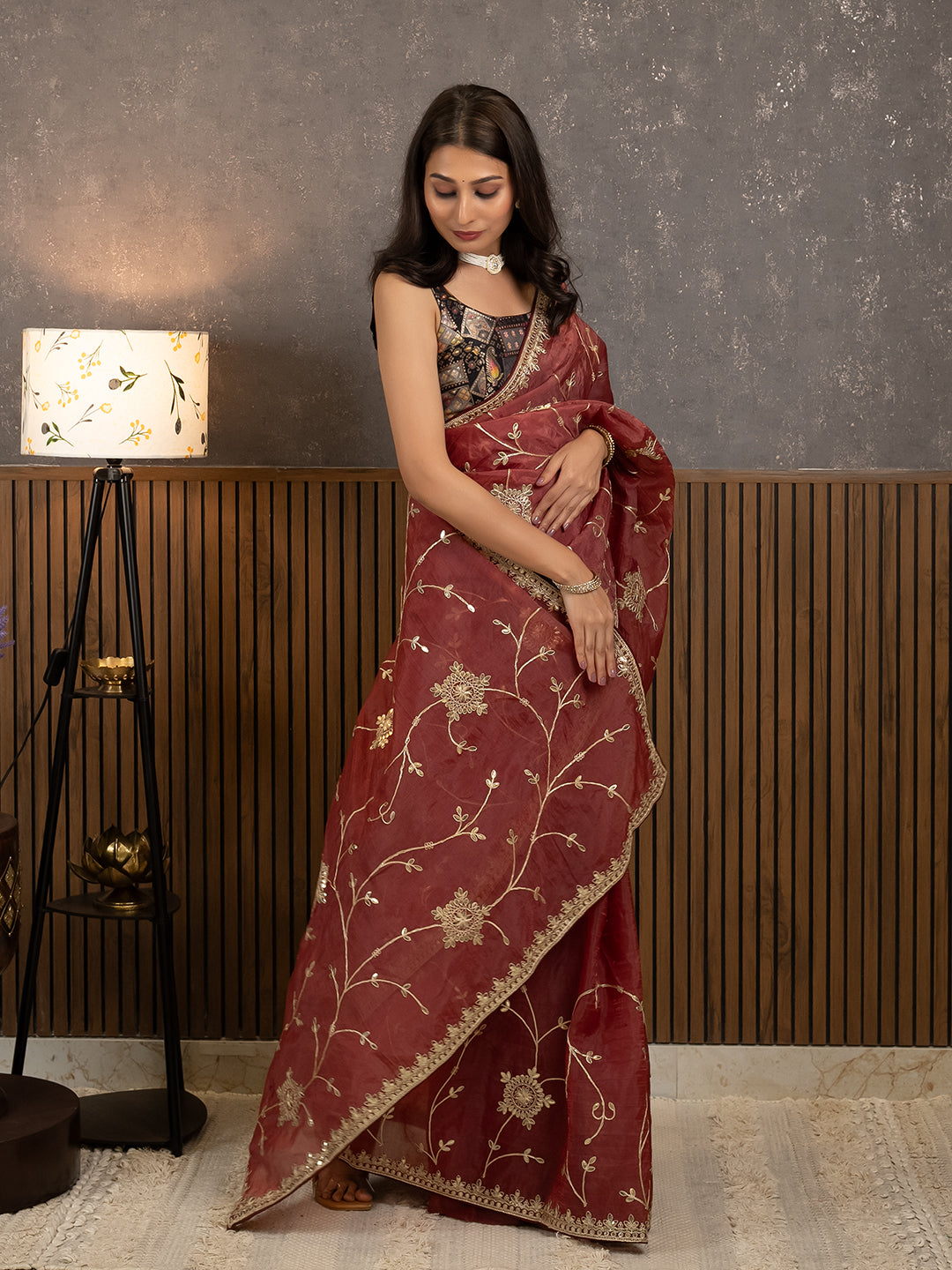 Gota Maroon Embroidered Saree