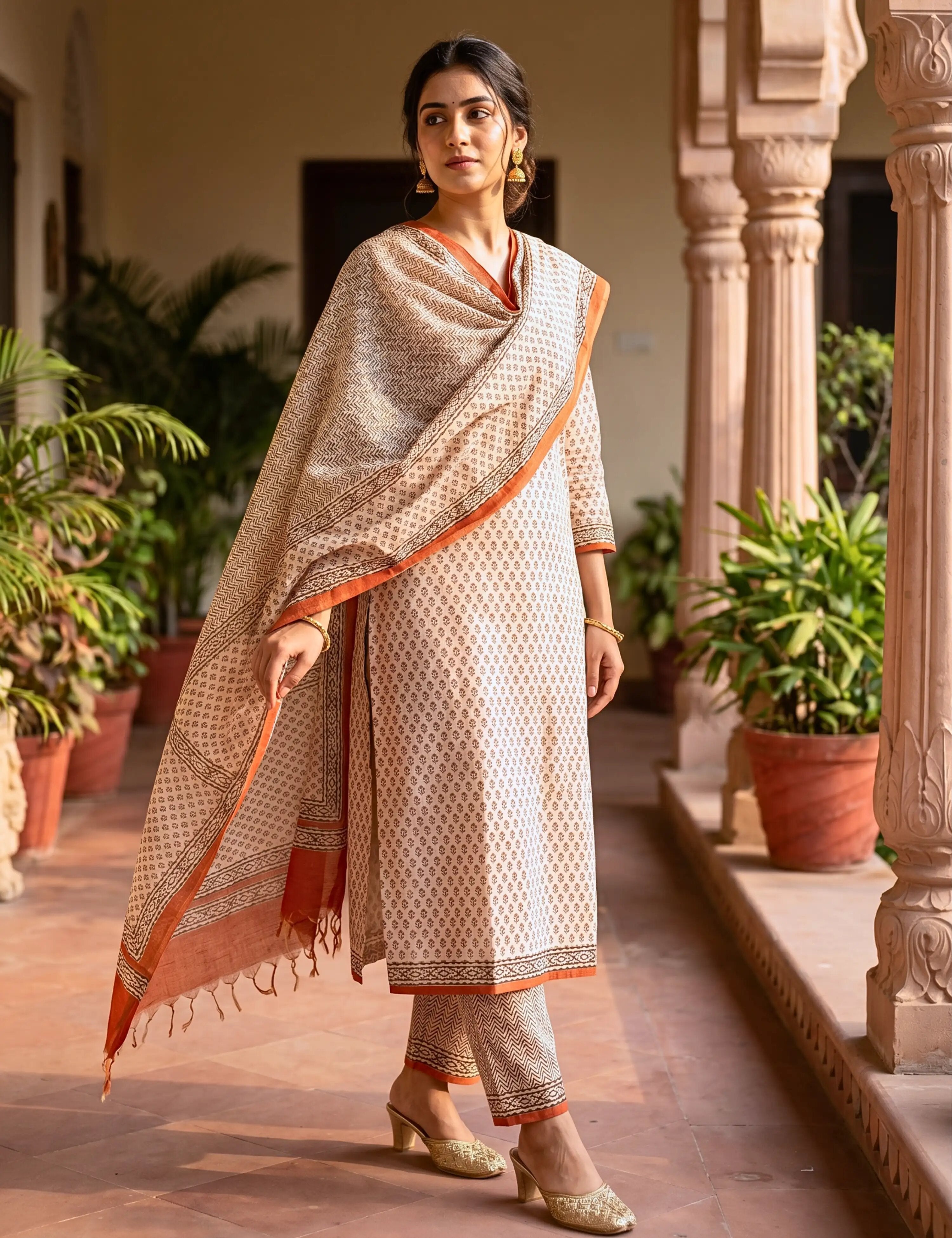 Zhanak Beige Bagru Dress Material
