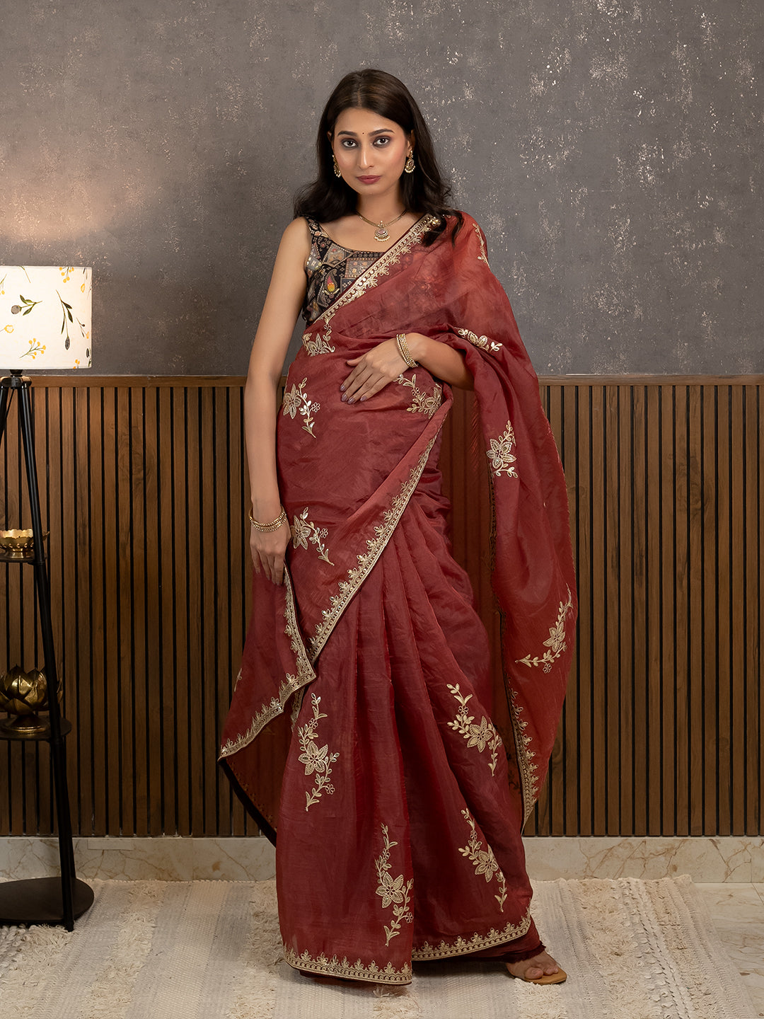 Gota Maroon Embroidered Saree
