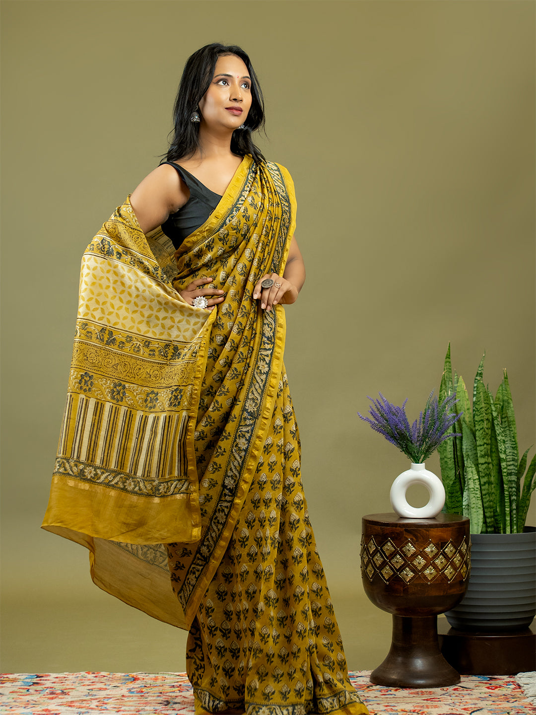 Saanjhi Mustard Ajrakh Saree
