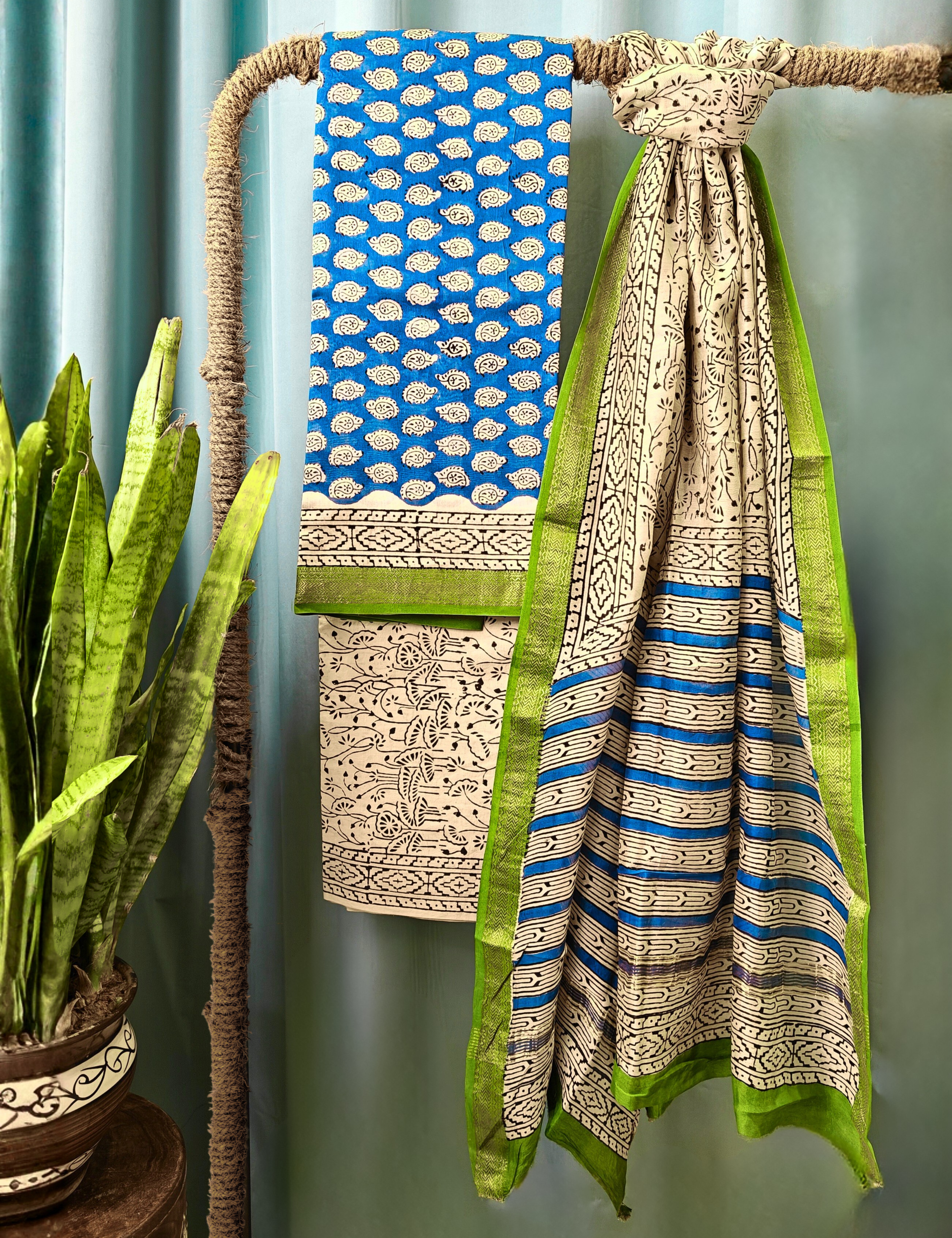 Rangeen Cobalt Blue Bagru Dress Material