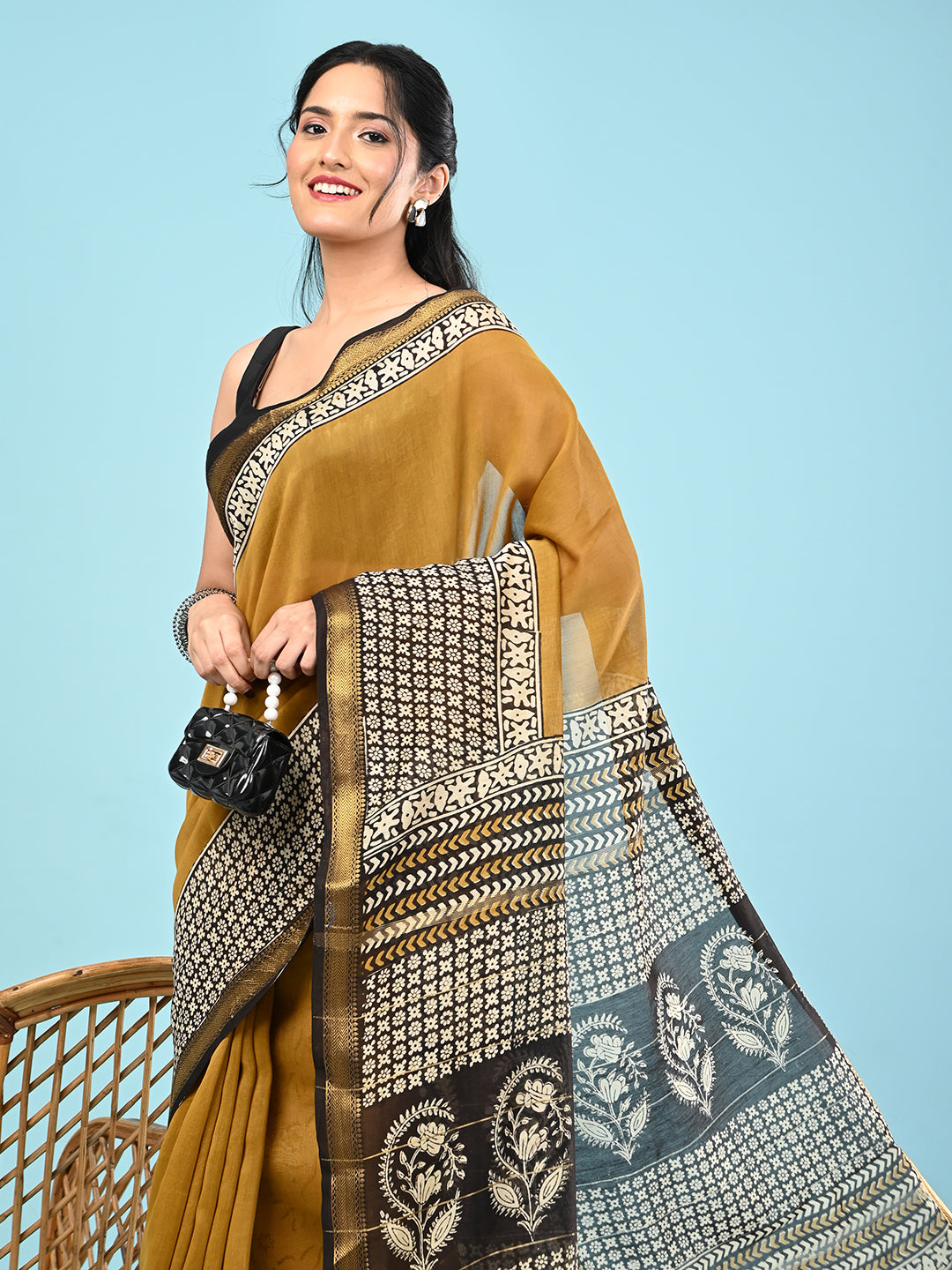 Pushpavali Yellow Block Print Saree