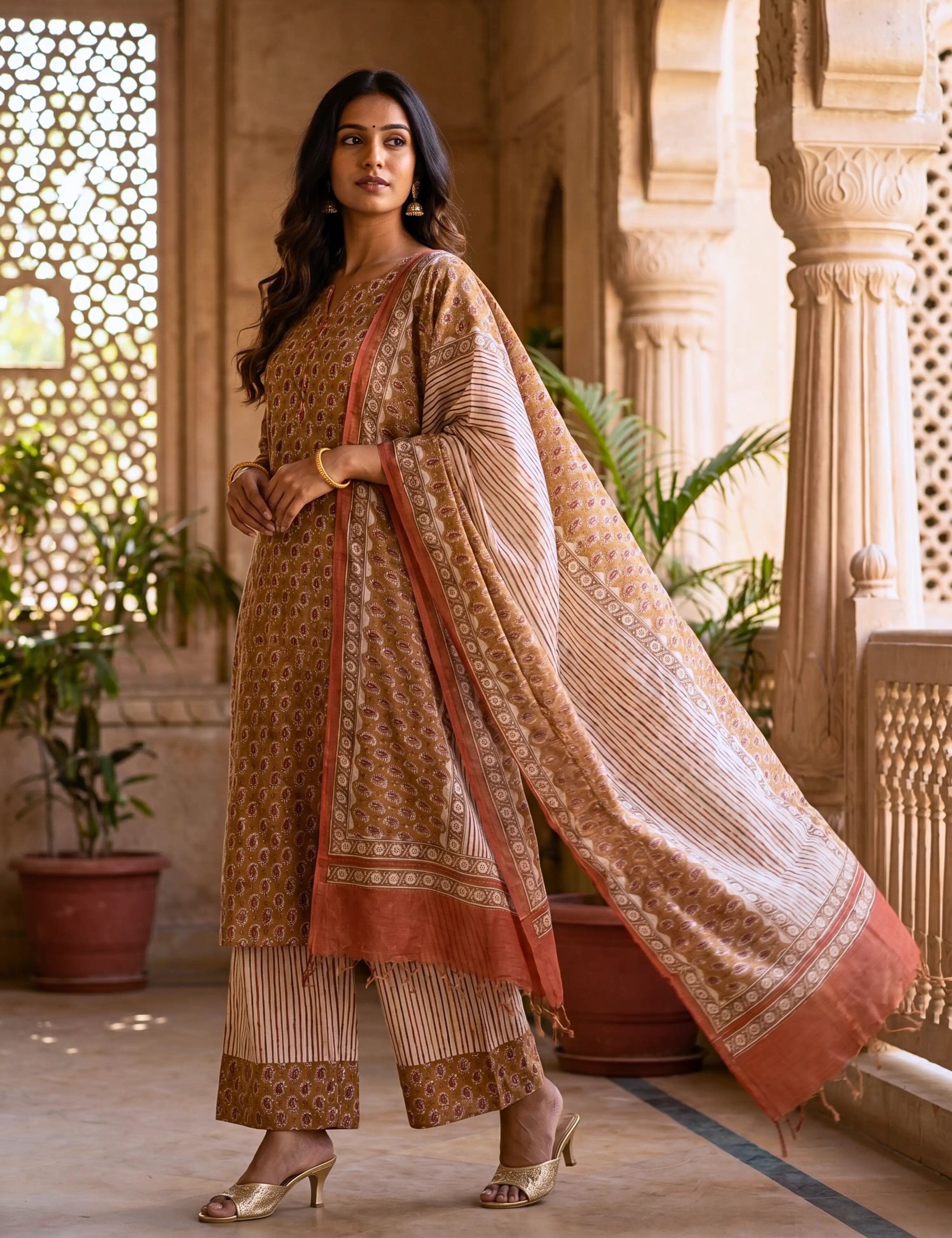 Zhanak Mustard Bagru Dress Material
