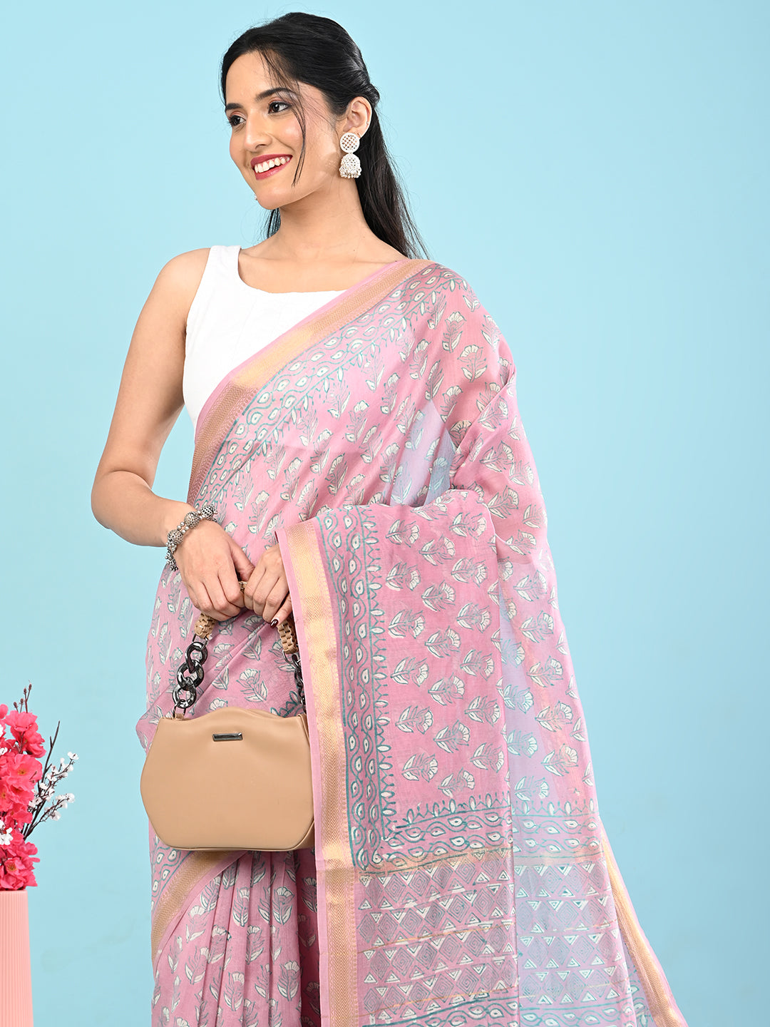 Marupushpa Pink Block Print Saree