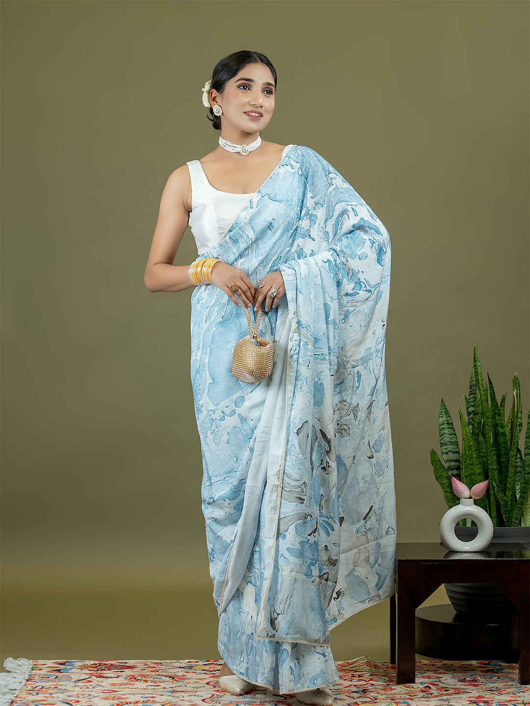 Chhavi Sky Blue Marble Print Saree