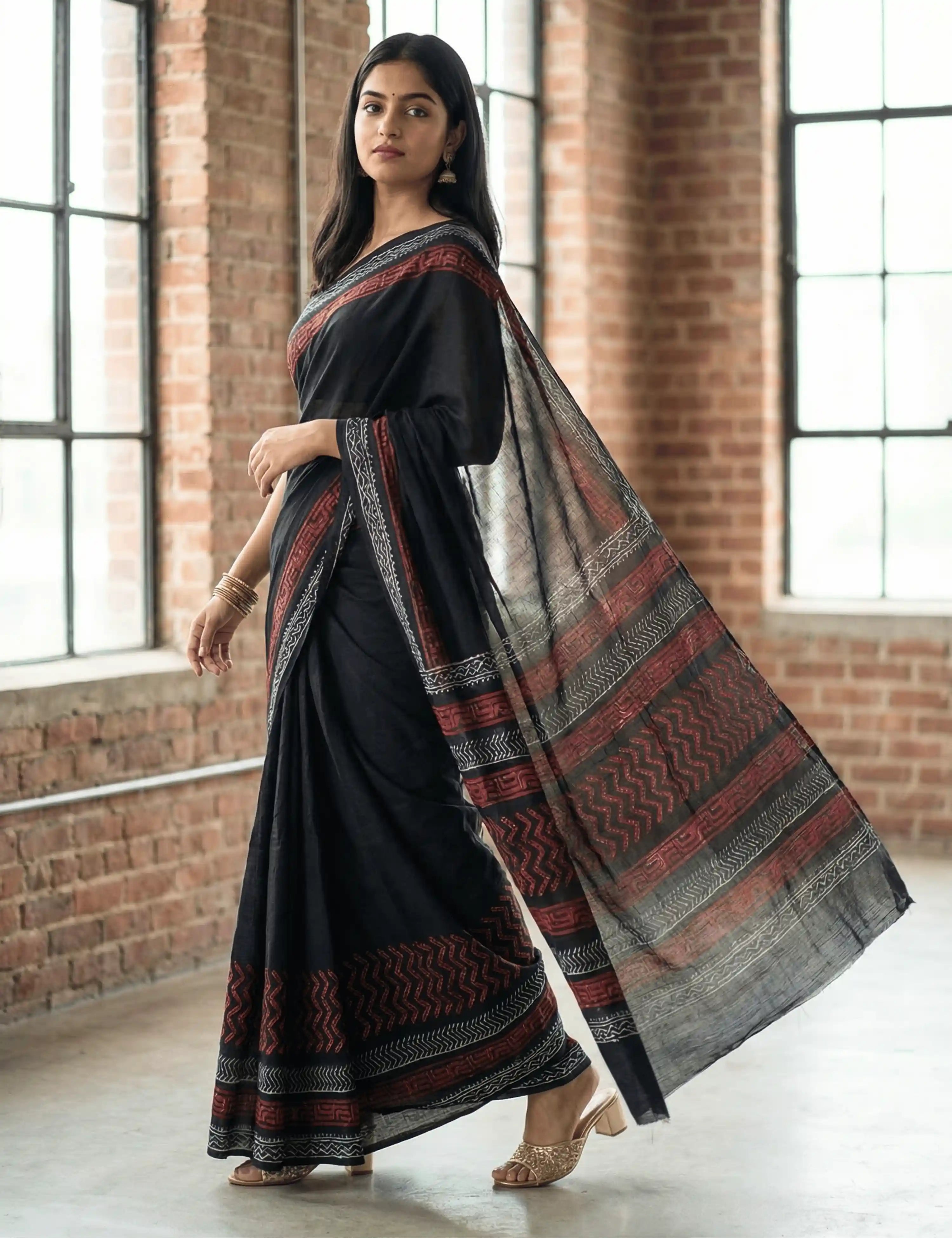 Indus Black Bagru Saree