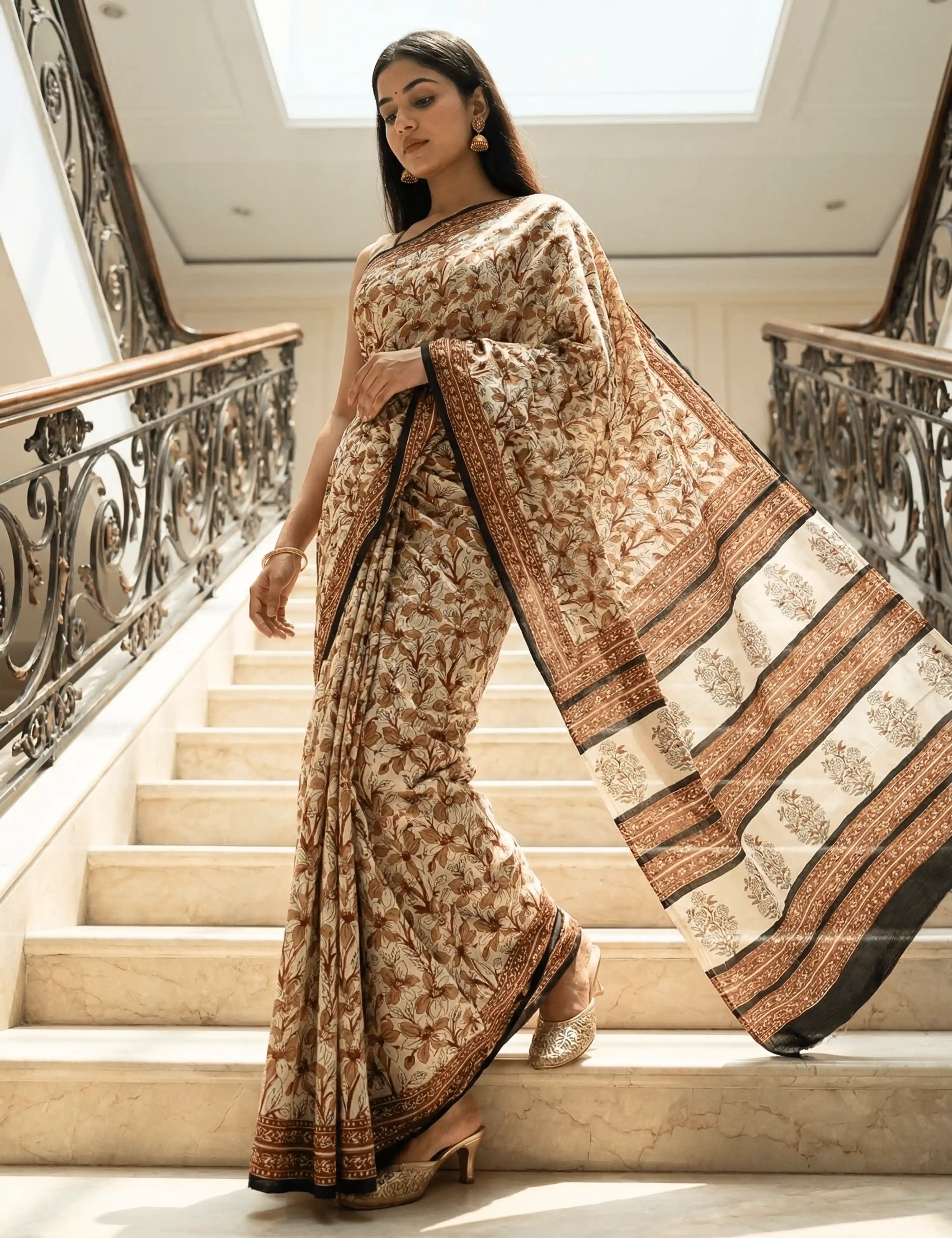 Indus Cream Bagru Saree