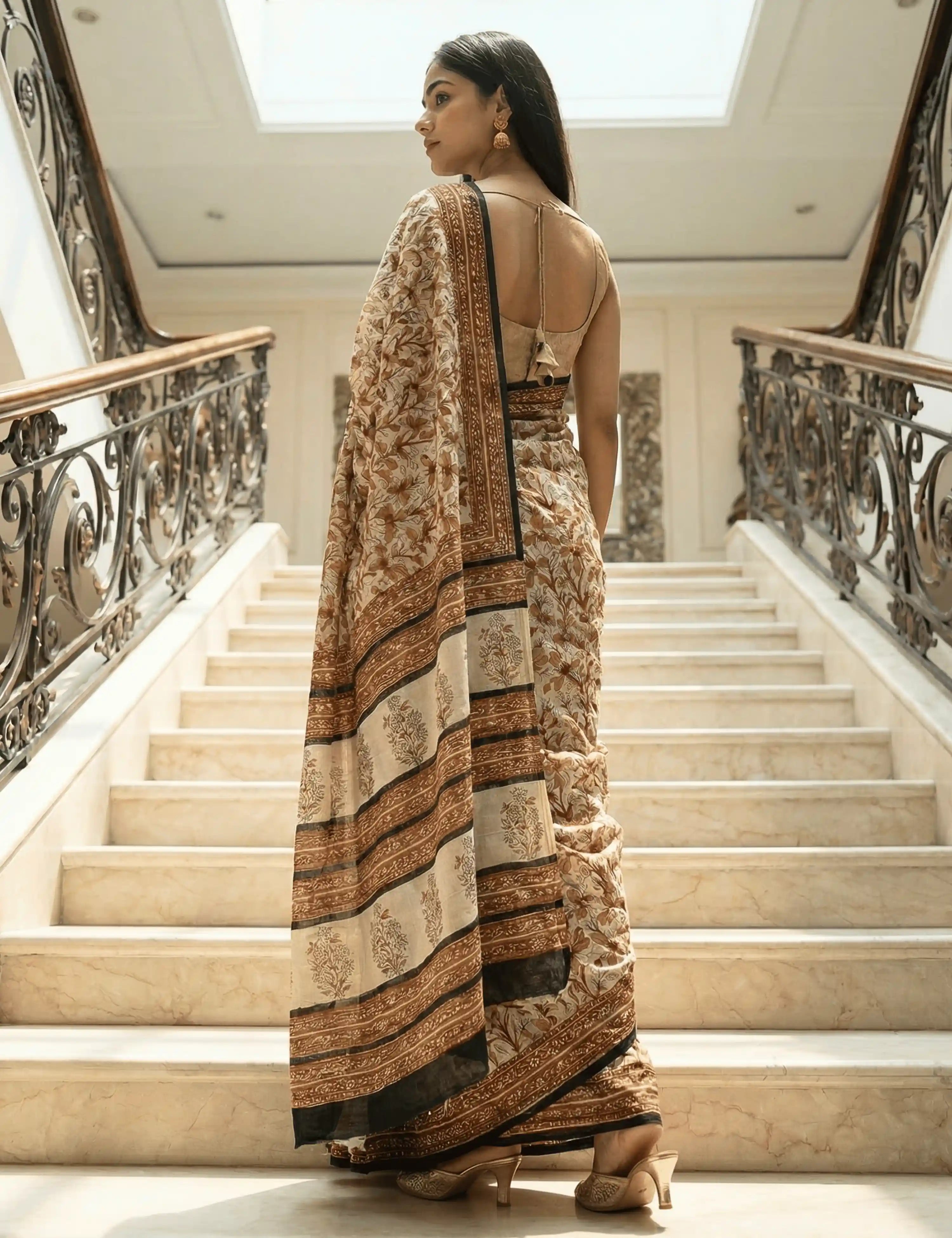 Indus Cream Bagru Saree