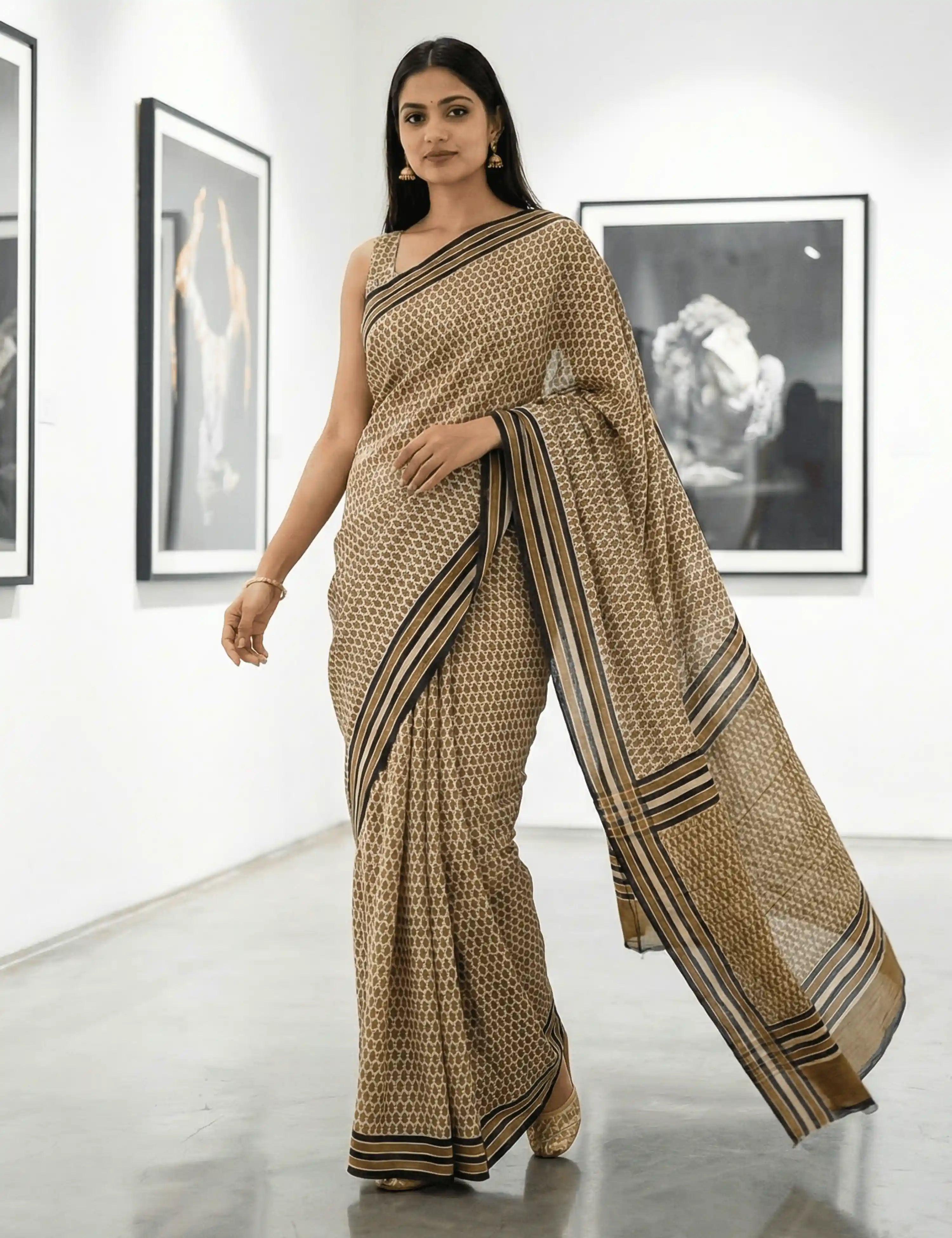 Indus Khaki Bagru Saree
