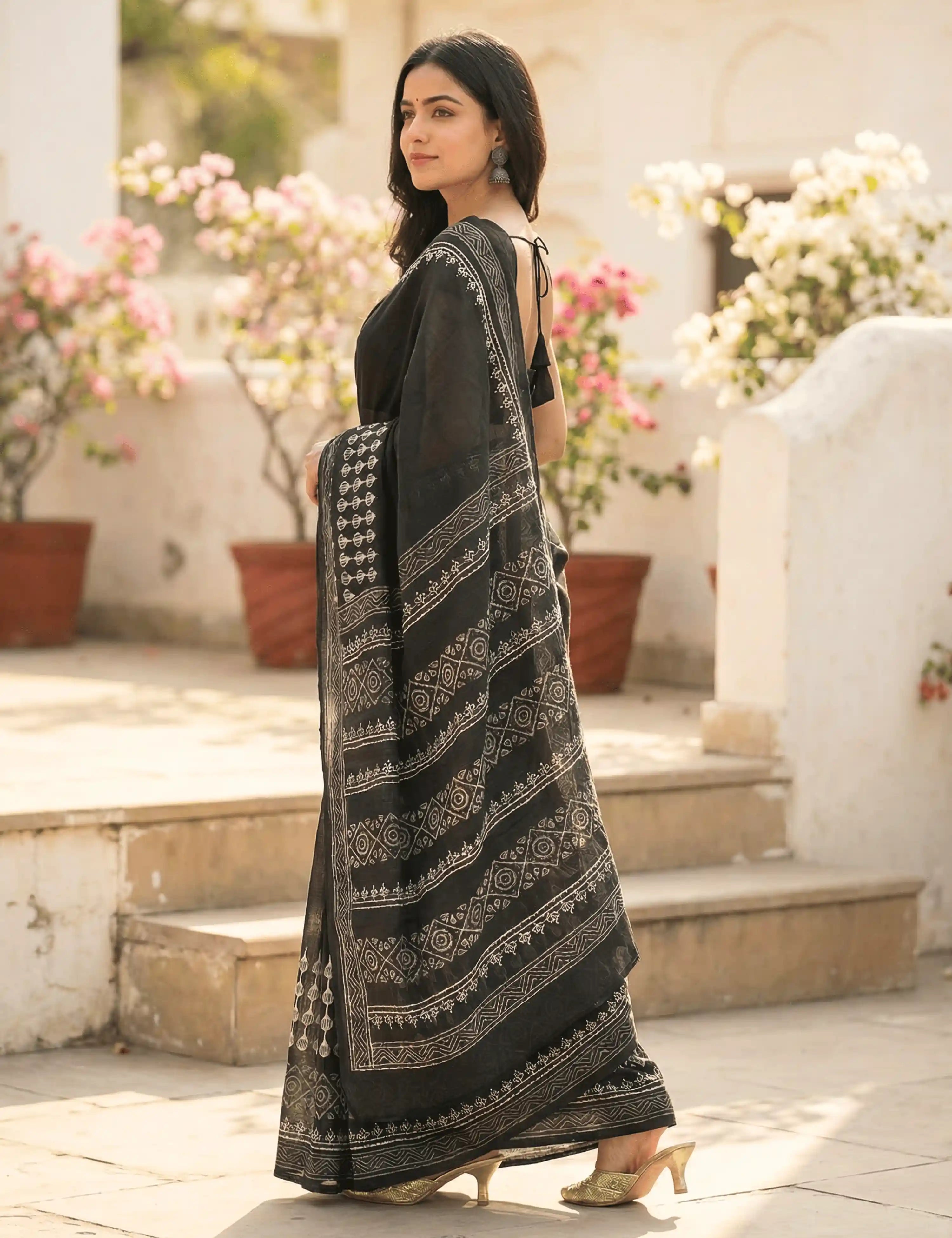 Indus Jet Black Bagru Saree