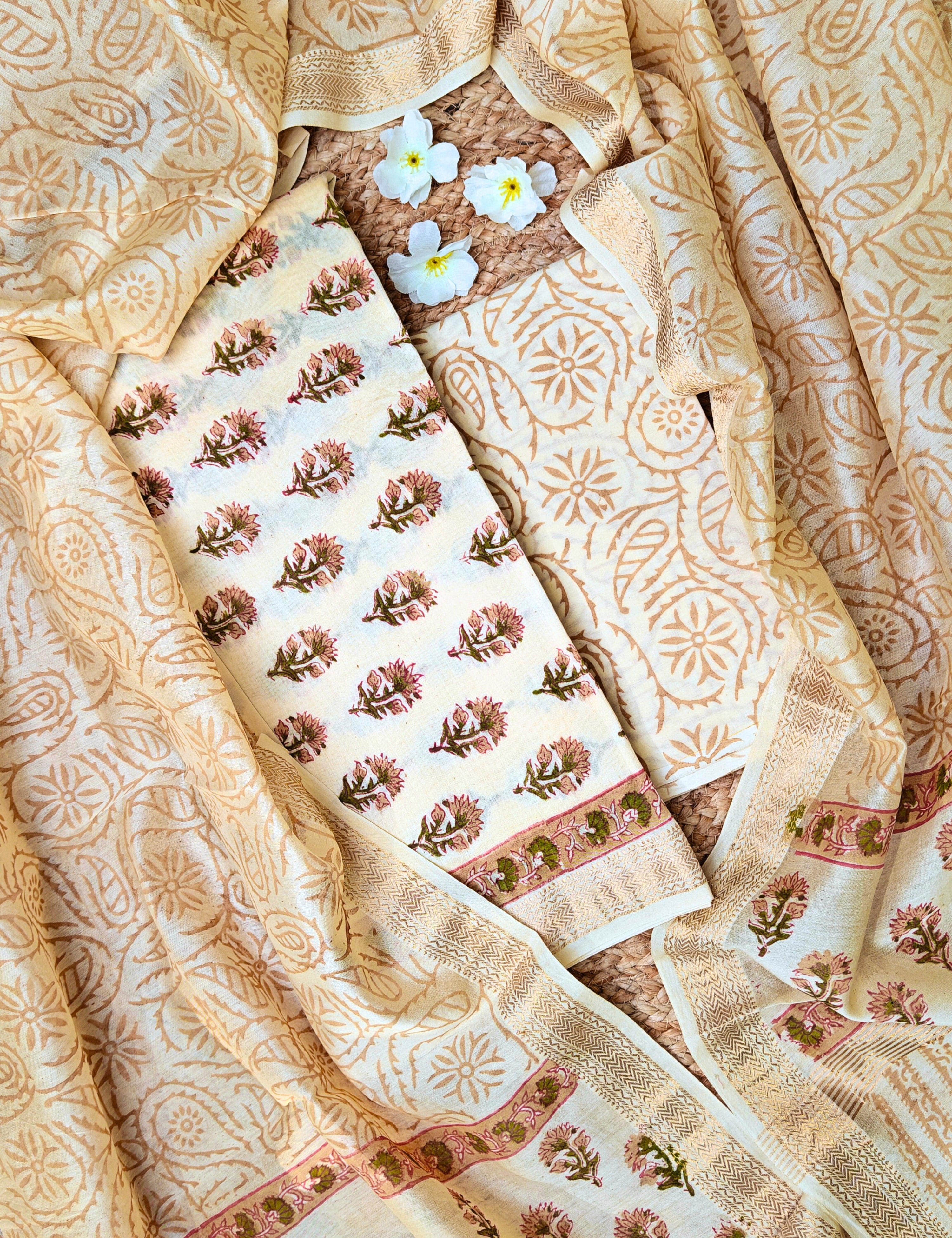 Maati Cream Bagru Dress Material