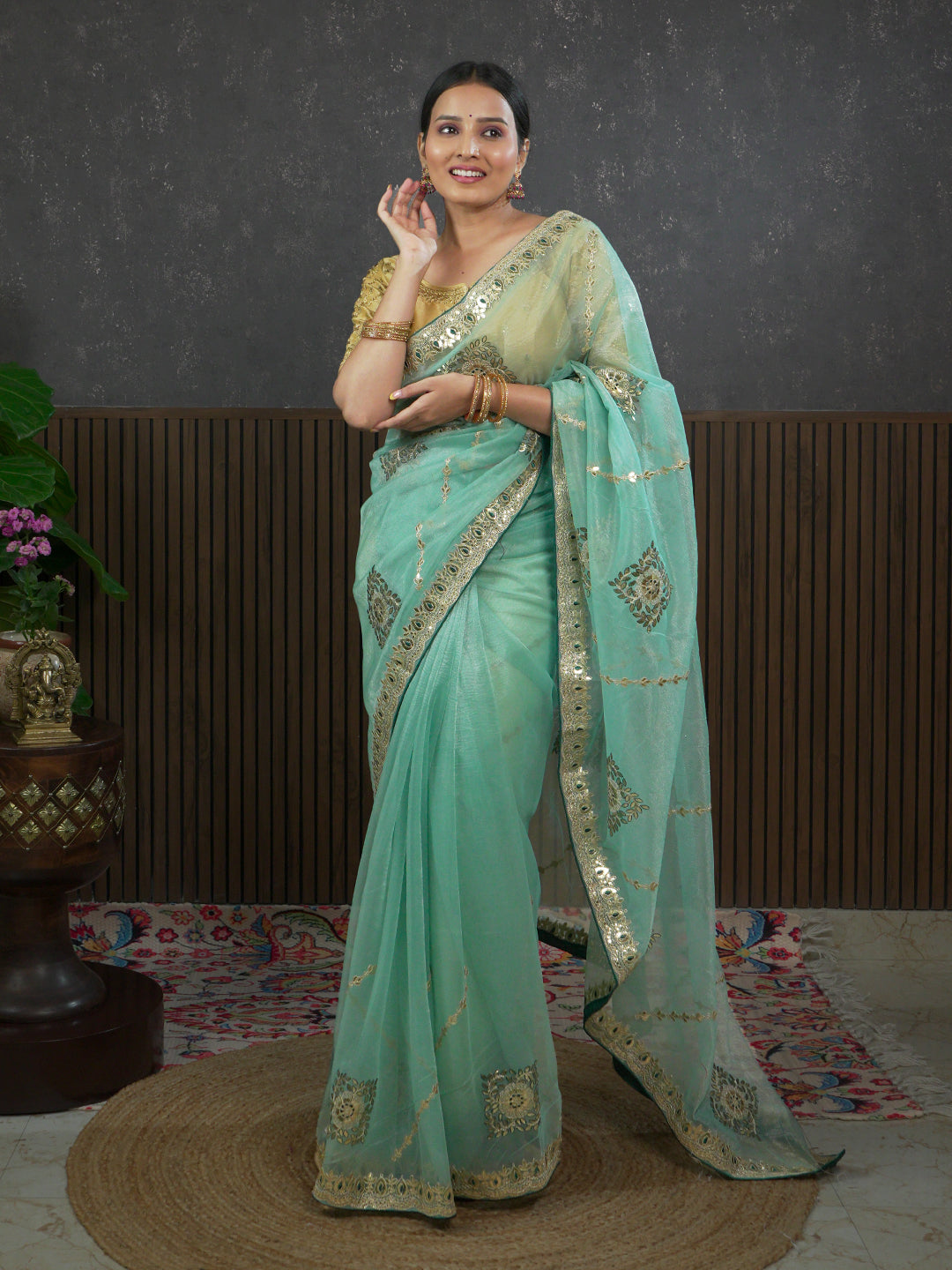 Gota Sea-Green Embroidered Saree