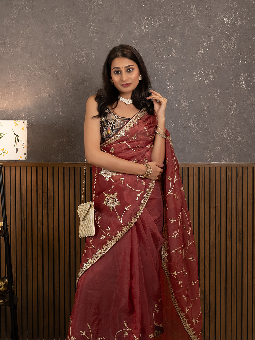 Gota Maroon Embroidered Saree