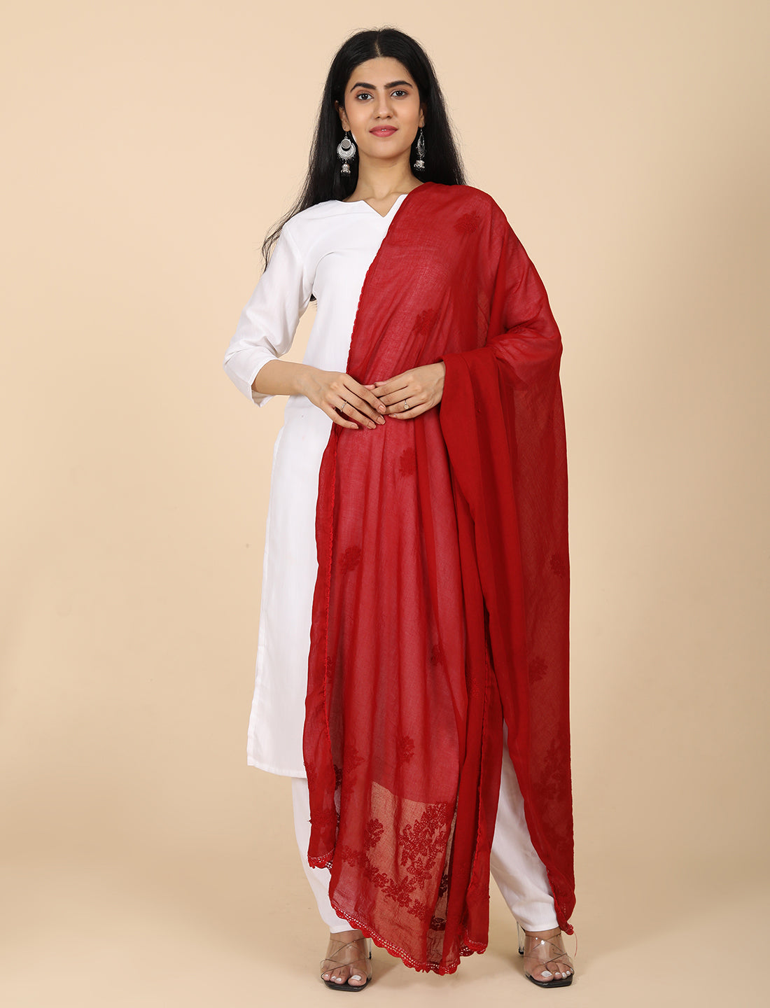 Ada Maroon Chikankari Dupatta