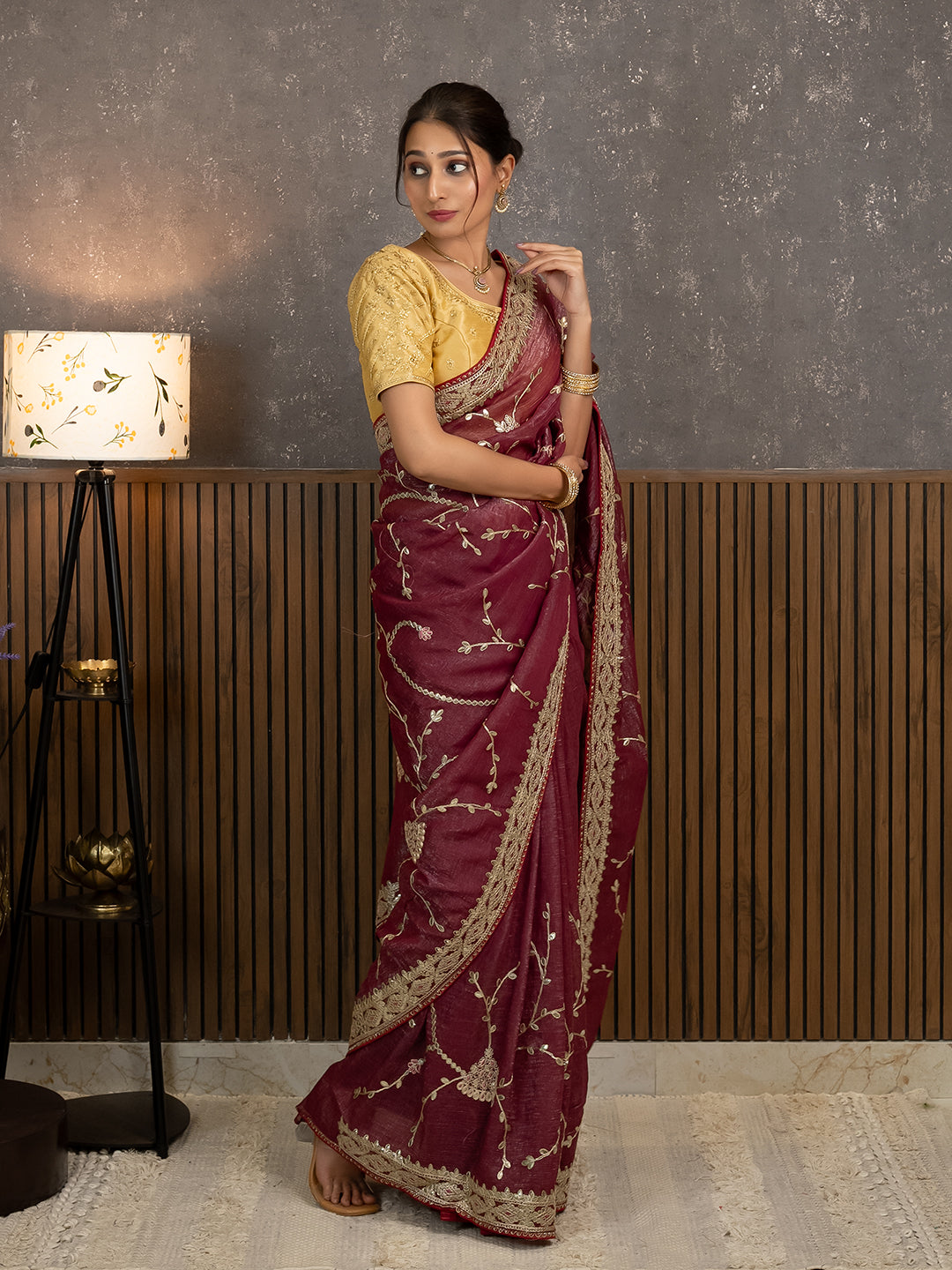 Gota Maroon Embroidered Saree