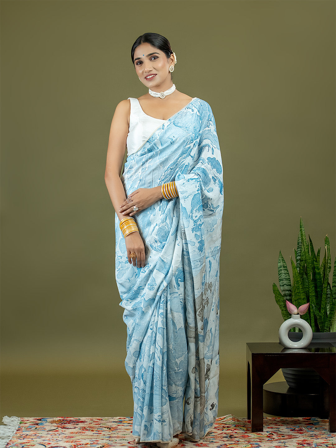 Chhavi Sky Blue Marble Print Saree