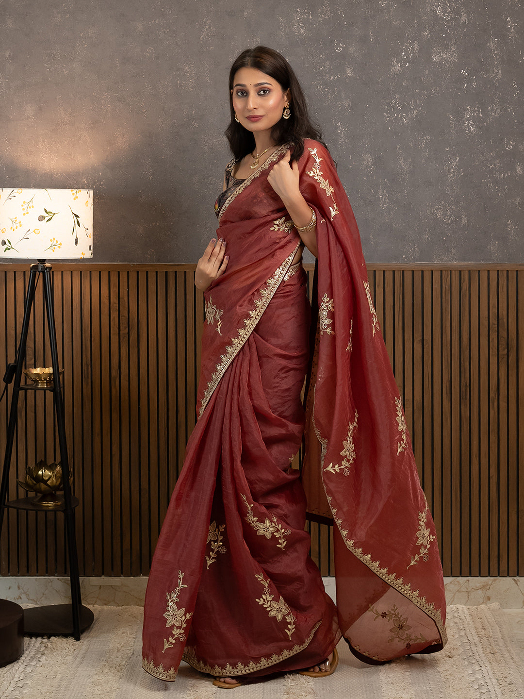 Gota Maroon Embroidered Saree