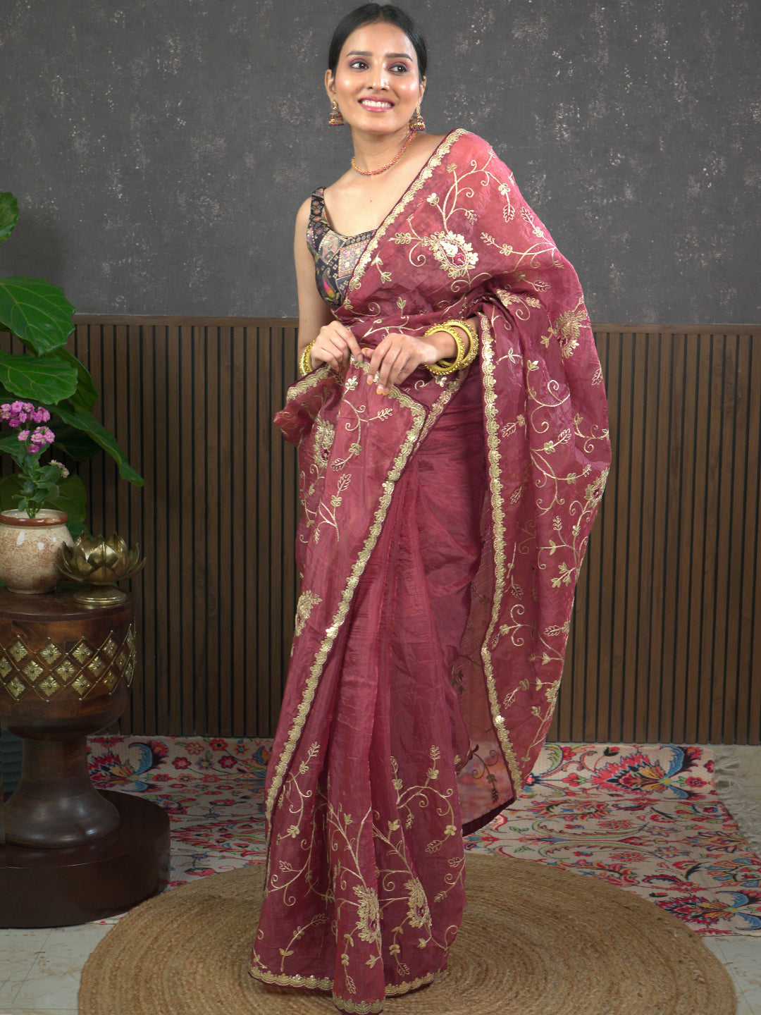 Gota Maroon Embroidered Saree