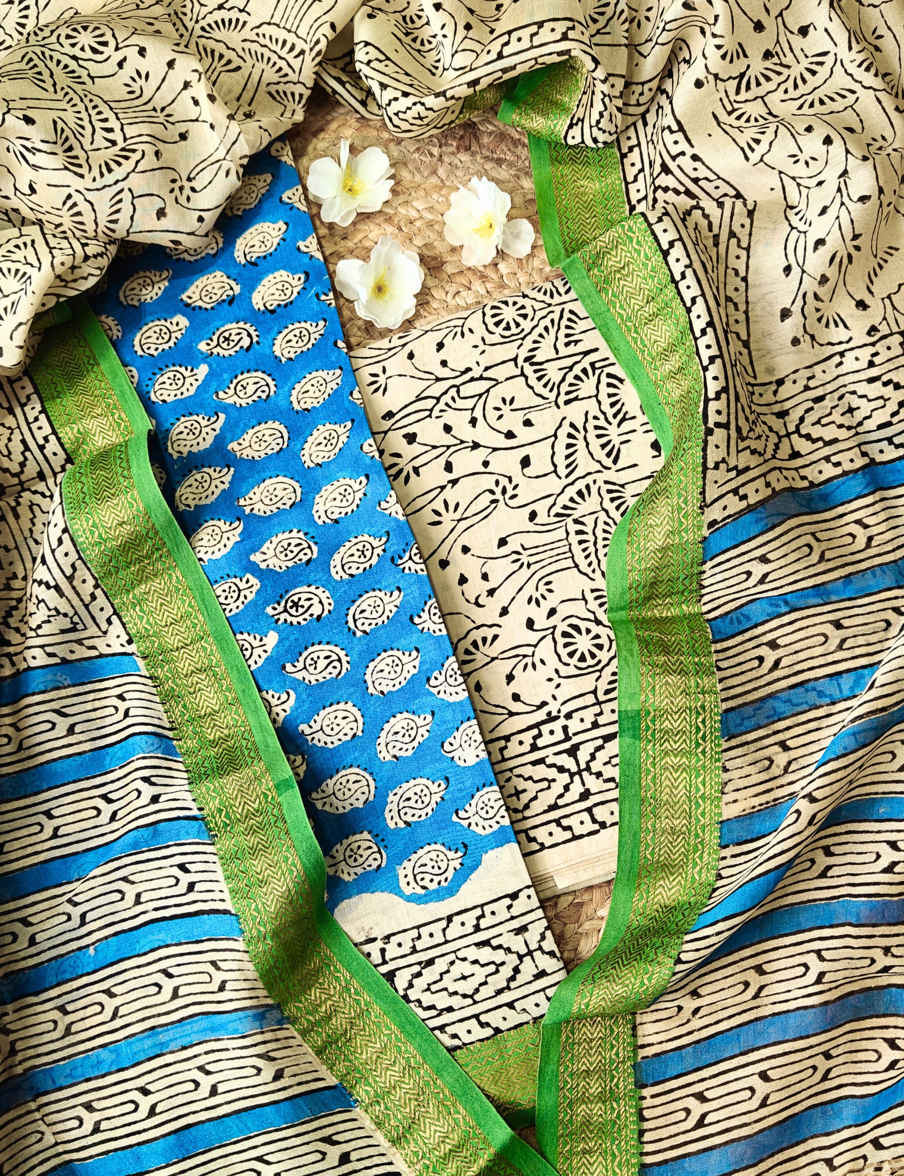 Rangeen Cobalt Blue Bagru Dress Material