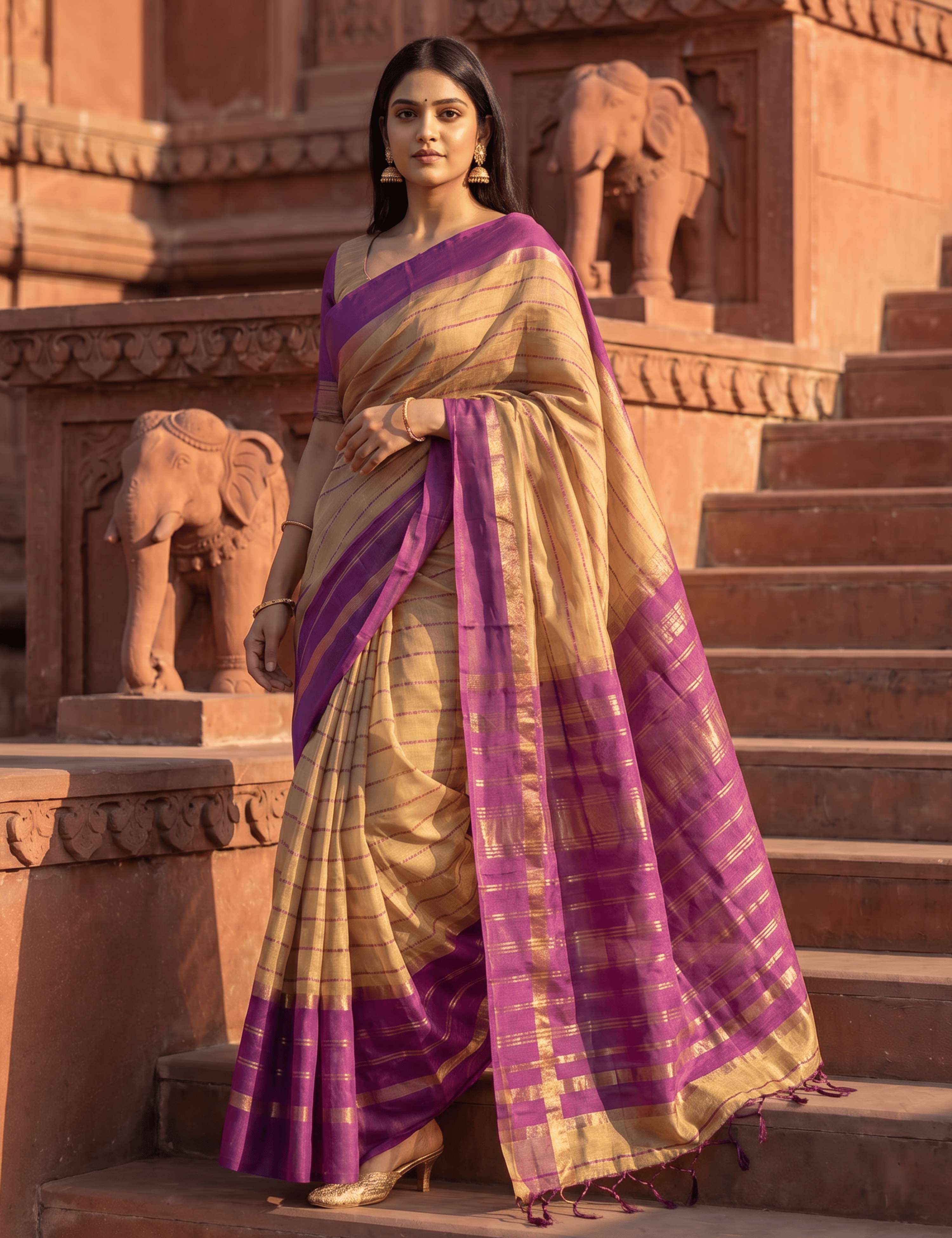 Ashima Beige Negamam Cotton Saree