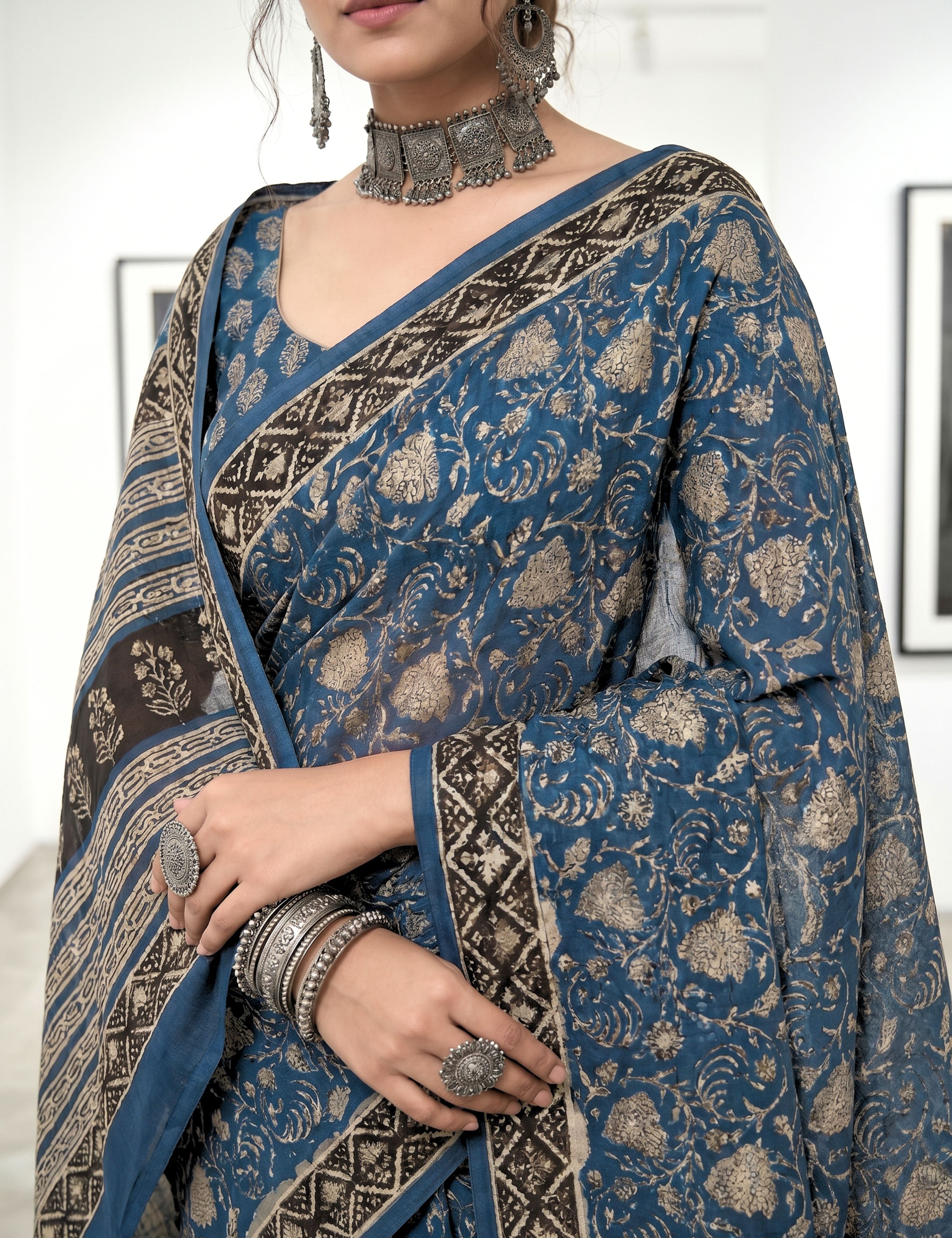 Chaya Blue Bagru Saree
