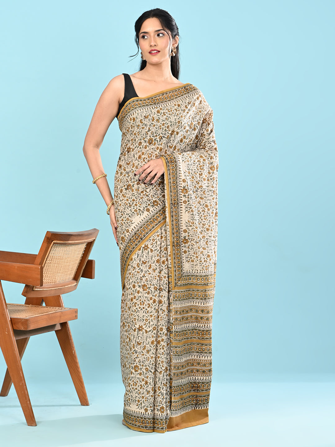 Chaap Khaki Bagru Saree