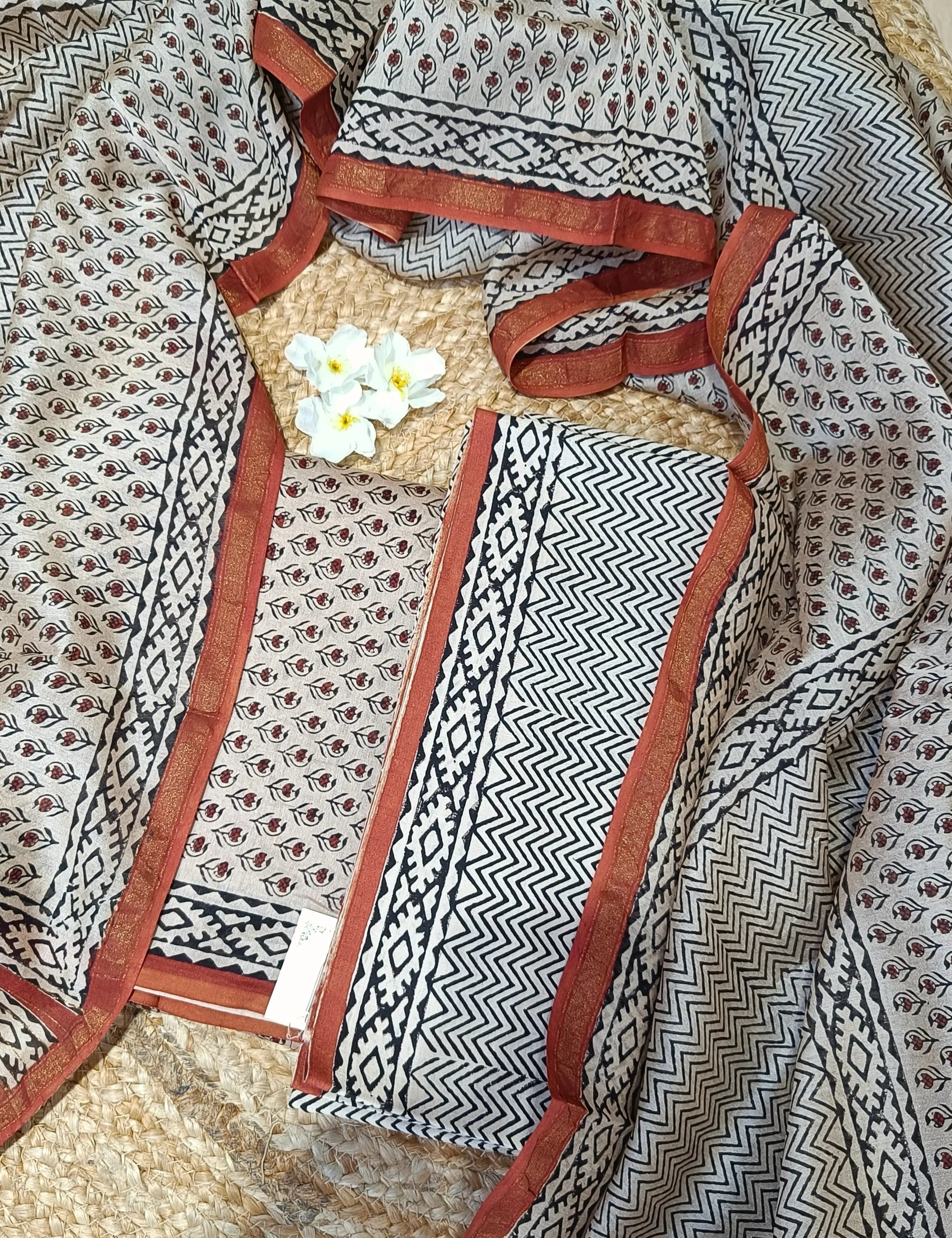Zhanak Beige Bagru Dress Material