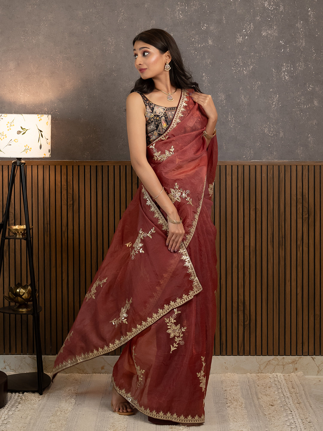 Gota Maroon Embroidered Saree