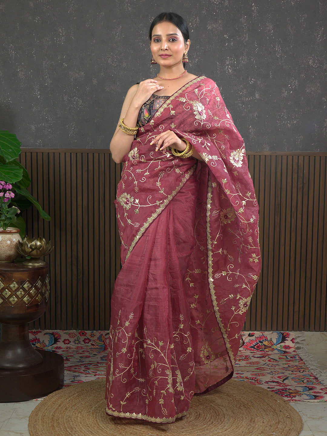 Gota Maroon Embroidered Saree