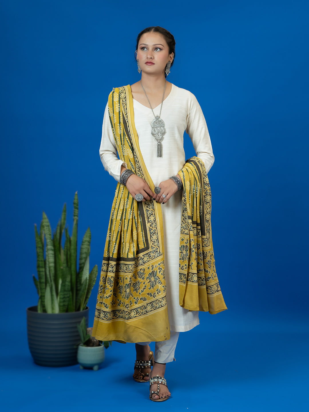 Kapas Mustard Ajrakh Dupatta
