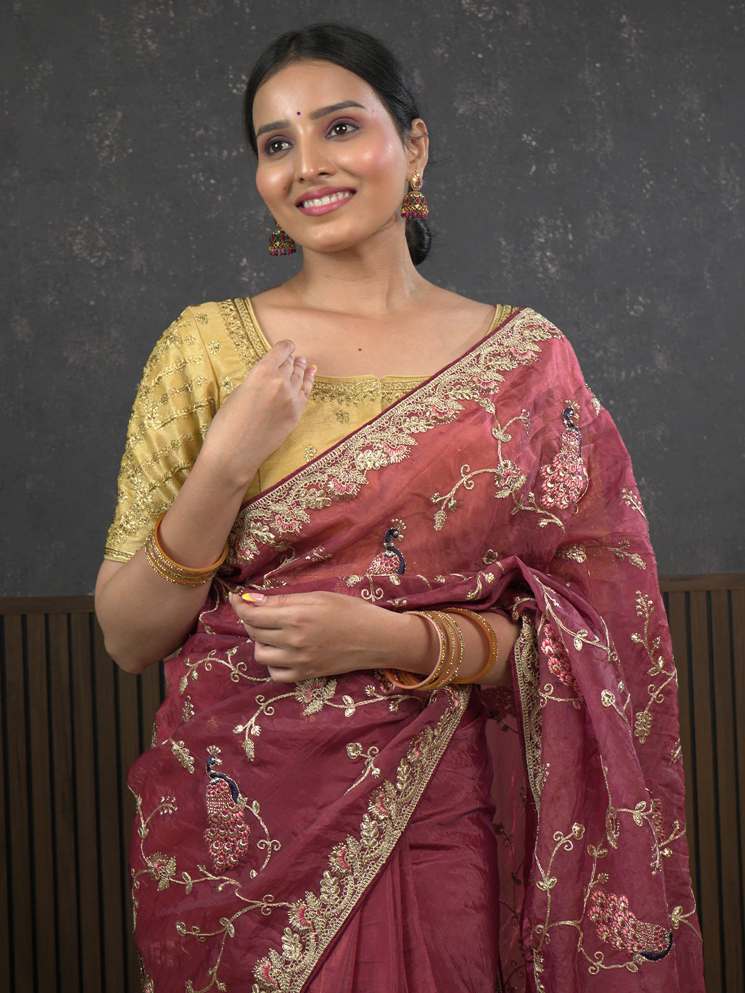 Gota Maroon Embroidered Saree