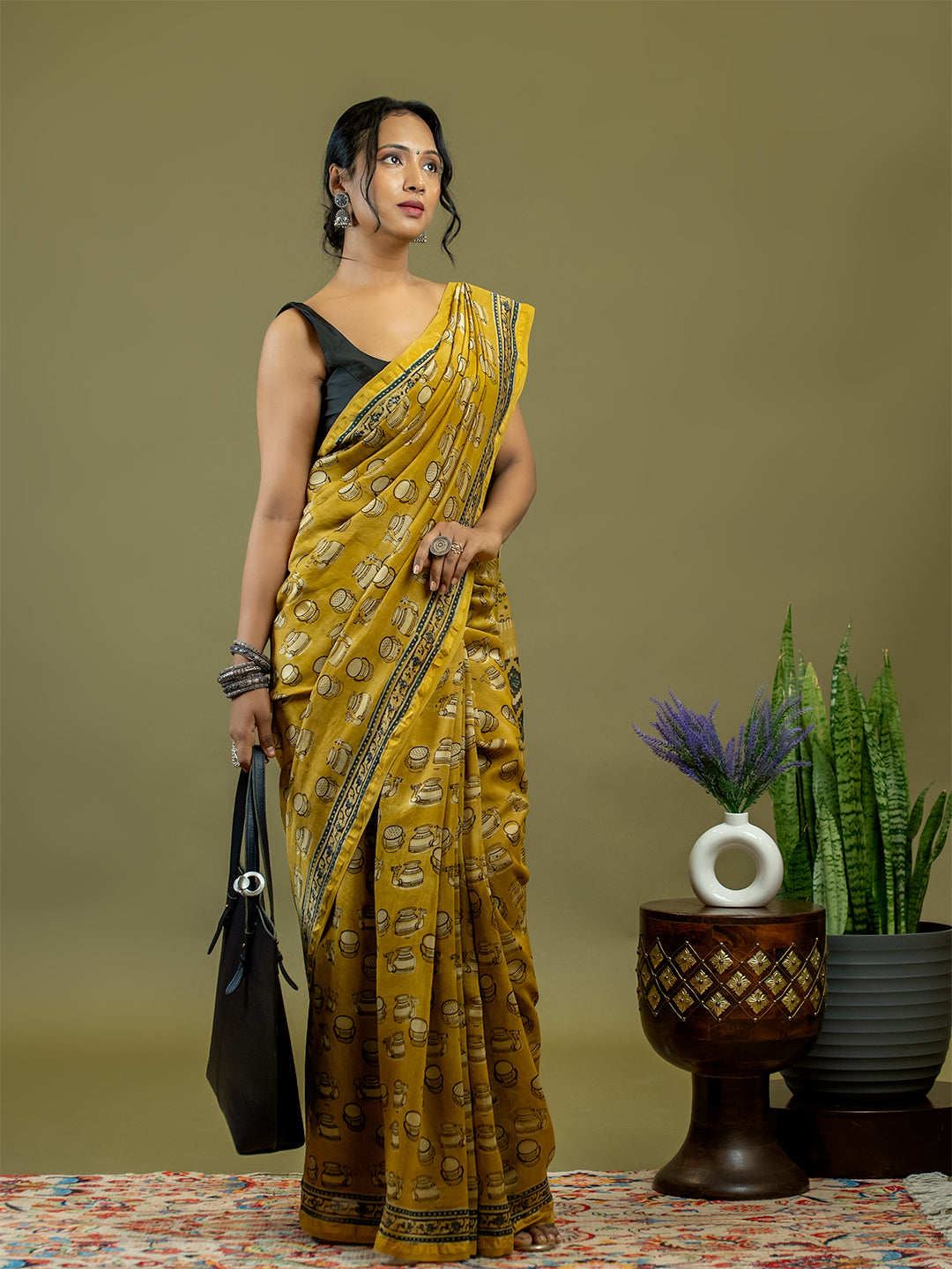 Avani Mustard Ajrakh Saree